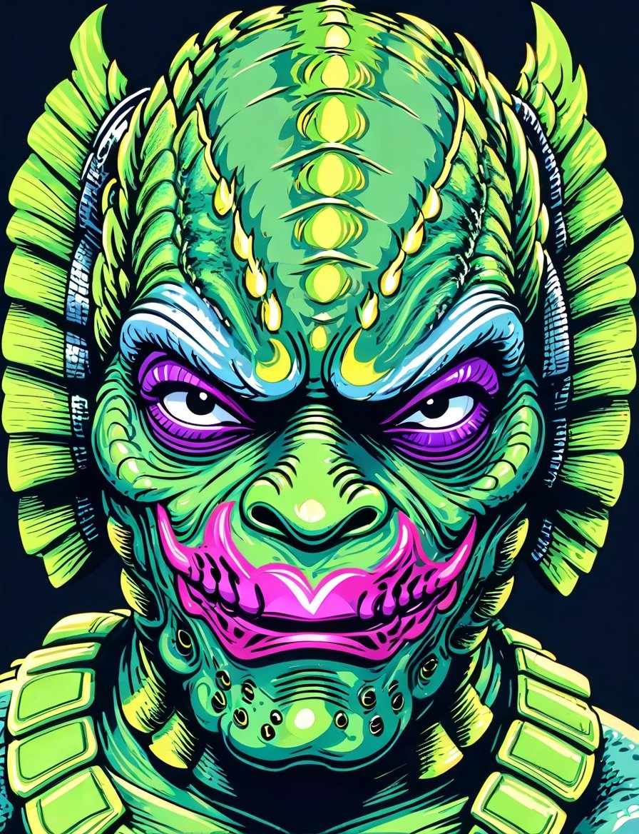 head and shoulders portrait, (creature from the black lagoon:1.5) creature warrior, green, purple, and blue colorful, symmetrical precise detail, symmetrical features, (flat silkscreen:1.5) , wearing mask, pastel-color, creative, dark flat color background ,oni style