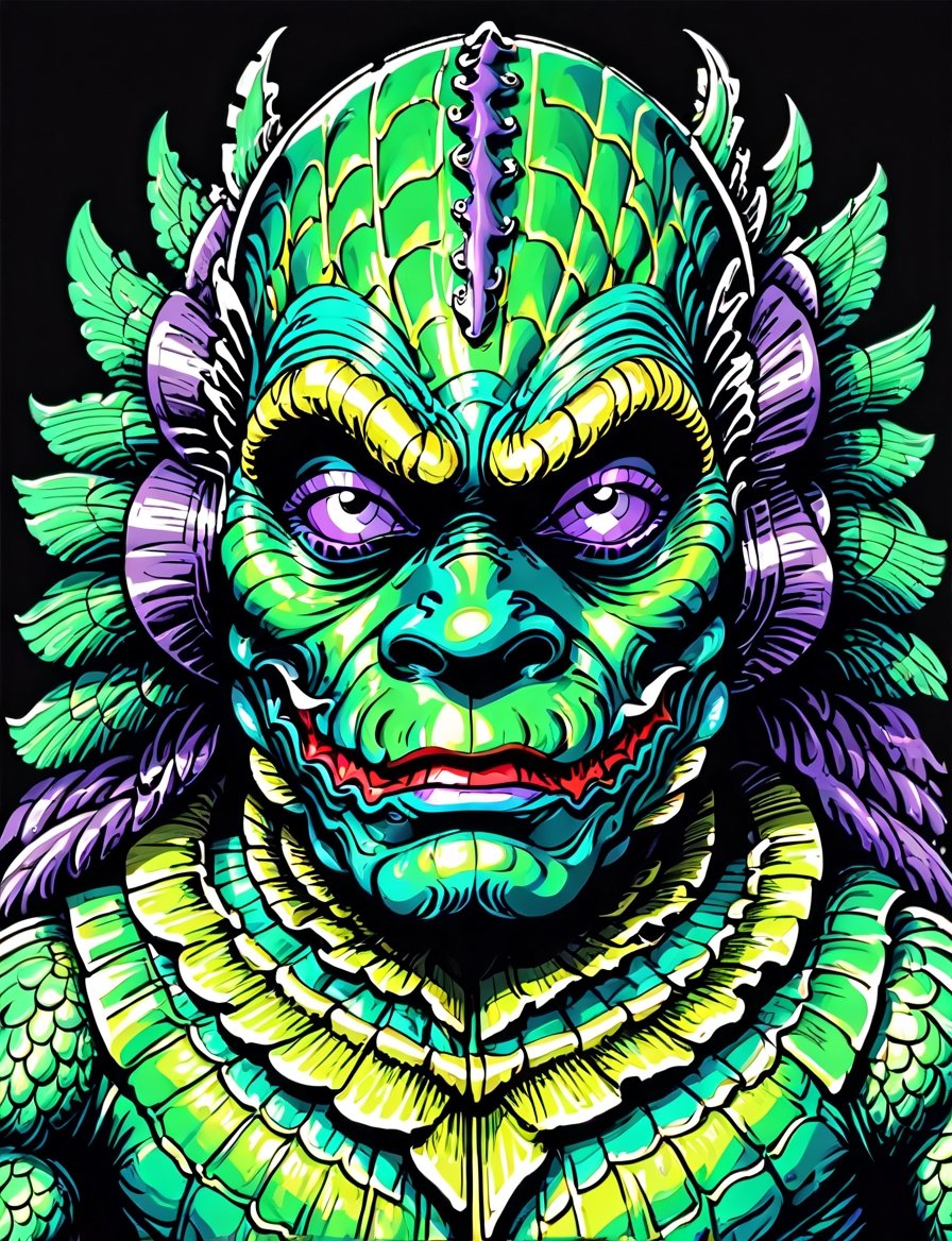 head and shoulders portrait, (creature from the black lagoon:1.5) creature warrior, green, purple, and blue colorful, symmetrical precise detail, symmetrical features, (flat silkscreen:1.5) , wearing mask, pastel-color, creative, dark flat color background ,oni style