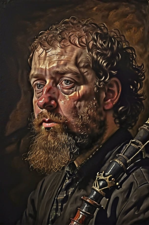 A portrait of (Scottish bagpipe player), Baroque, dramatic contrasts between light and dark, emotional intensity, tenebrism, soft edges, oil on canvas, romanticism, baroque, realism, chiaroscuro, Dutch Golden Age, impasto, by Rembrandt van Rijn, by Rembrandt