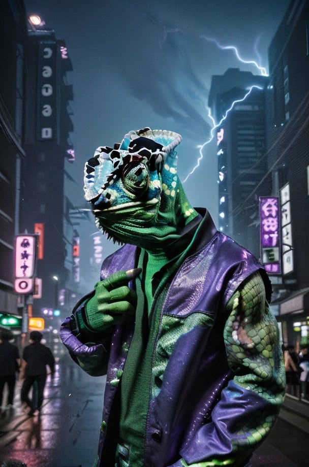 A Black, purple, green, and blue undertone Humanoid Chameleon in Tokyo, smoke, night-time, in Tokyo city, hyperrealism, thunderstorm, hyperrealism, long shot, motion blur creature crafter