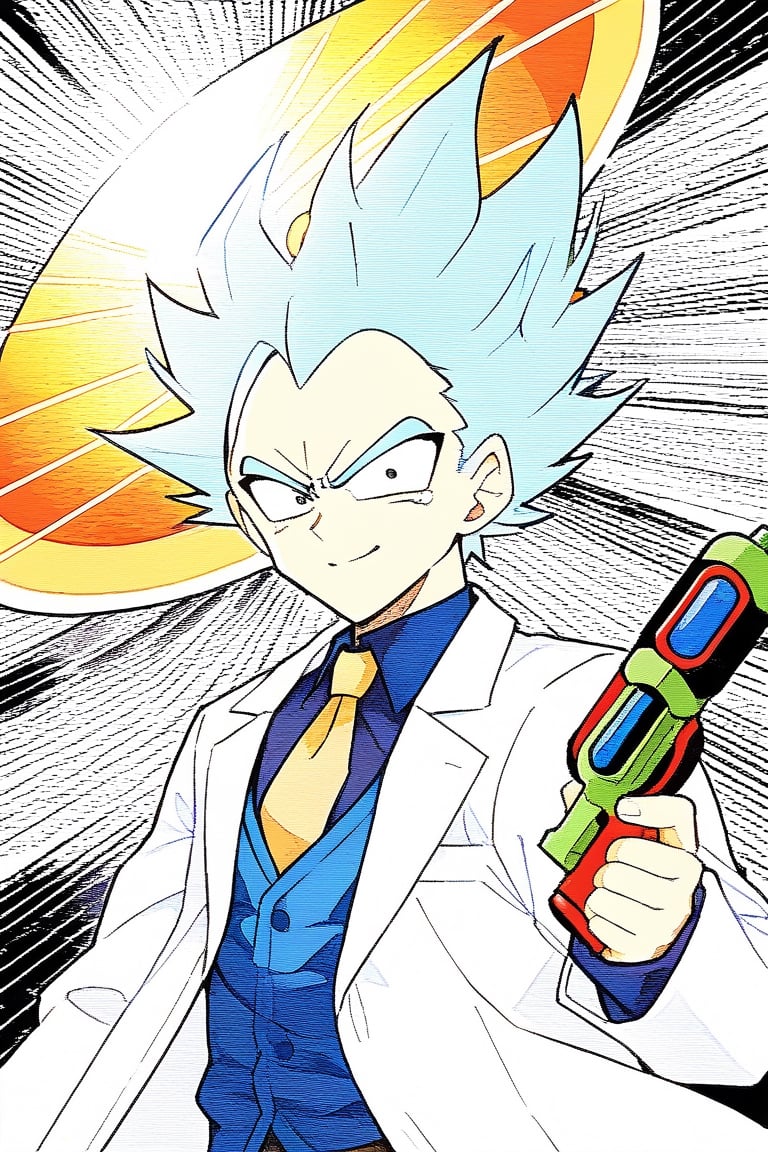 8k, highres, illustration, colorful, (((Rick Sanchez face) with vegeta hair)), (lab coat), (expressive face), ((holding a ray gun)), ((vivid)), Akira Toriyama art, sci fi art, cosmic, splash art, flat linework, poster colors, well drawn face, well drawn hands, action pose, cell shaded, high contrast, dramatic, amazing artwork, sharp focus, intricate details, highly detailed, masterpiece, best quality, lineart,Flat vector art