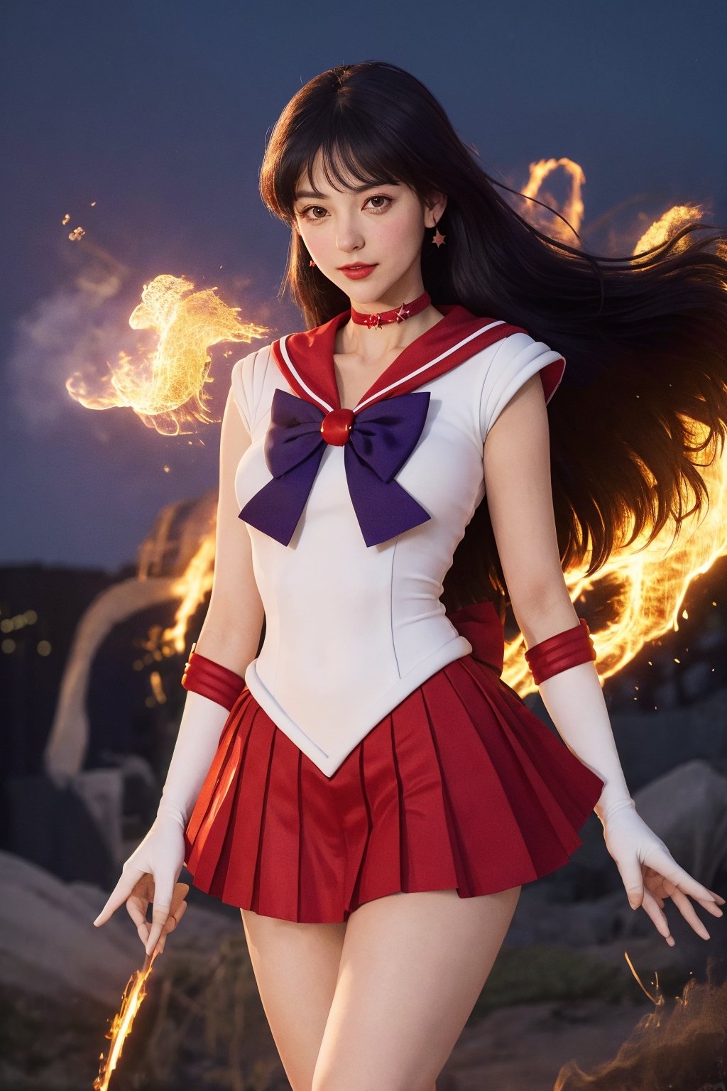 masterpiece, best quality, highres, sama1, tiara, sailor senshi uniform, white gloves, red sailor collar, red skirt, star choker, elbow gloves, pleated skirt, bare legs, purple bow, , magic, fire, moon, city standing, cowboy shot, fire_particles,sailor mars