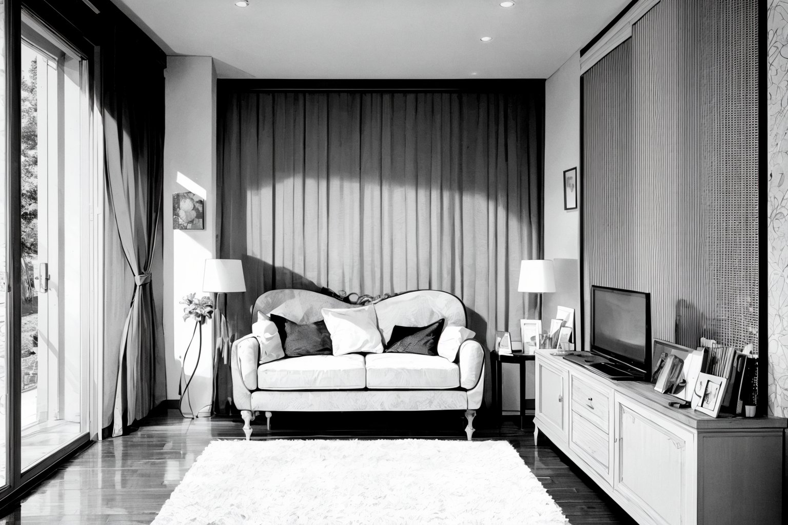 (masterpiece), best quality, living room, medium shot, makeup,monochrome