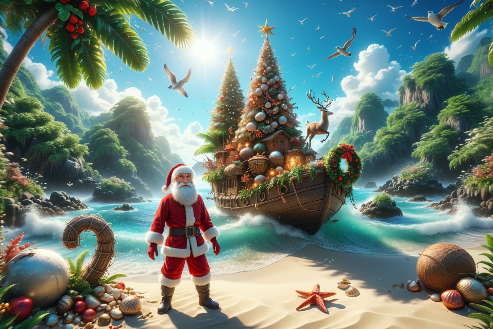 A super cute Santa Claus on vacation on a deserted island in August, wearing swimming short,marcel shirt, straw hat. boat, seagulls, coconut tree, straw hut, crabs, seashells, hairy tail, fairy tale, charming, and illusory engine 5 rendering 8k,prospect,intricately detailed, hyperdetailed, hyperrealistic, magical lighting, hd, outlines, blur, dynamic composition, pastel colors, wide angle, ghibli cinematic, studio ghibli illustration, ayami kojima, cinematic, super detailed, realistic octane render 8k,more detail XL,skptheme