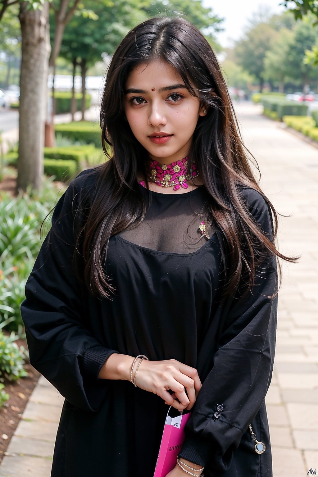 Lovely cute young attractive Indian teenage girl in a black outfit in garden, 23 years old, cute, an Instagram model, long blonde_hair, colorful hair, winter Indian, Indian, photorealistic,xxmixgirl