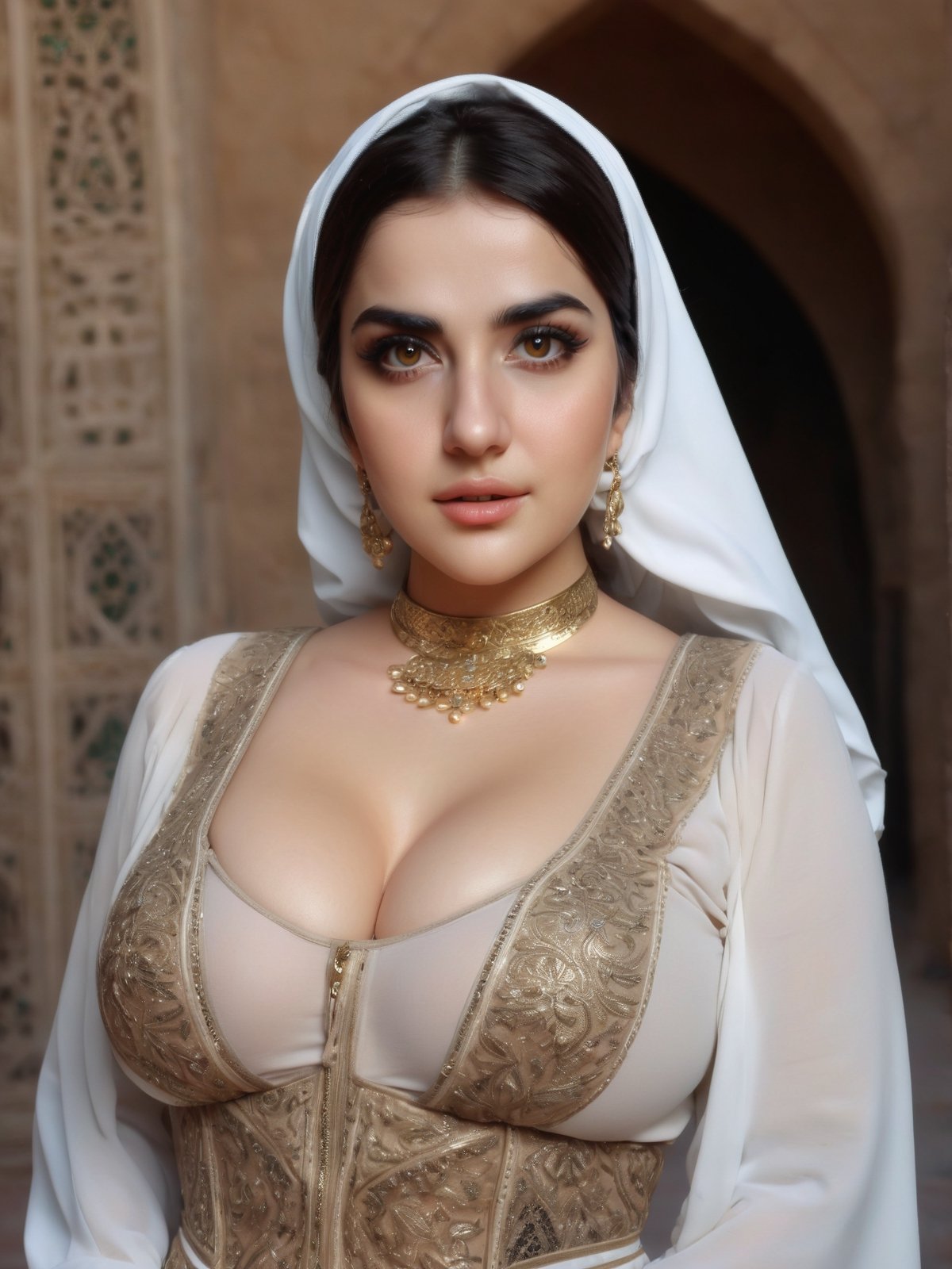 masterpiece, 8k, high_resolution,beautiful young sexy persian woman in traditioinal clothing and hijab, big_breasts, captivating eyes, standing in front of a moque,cinematic  moviemaker style,b3rli