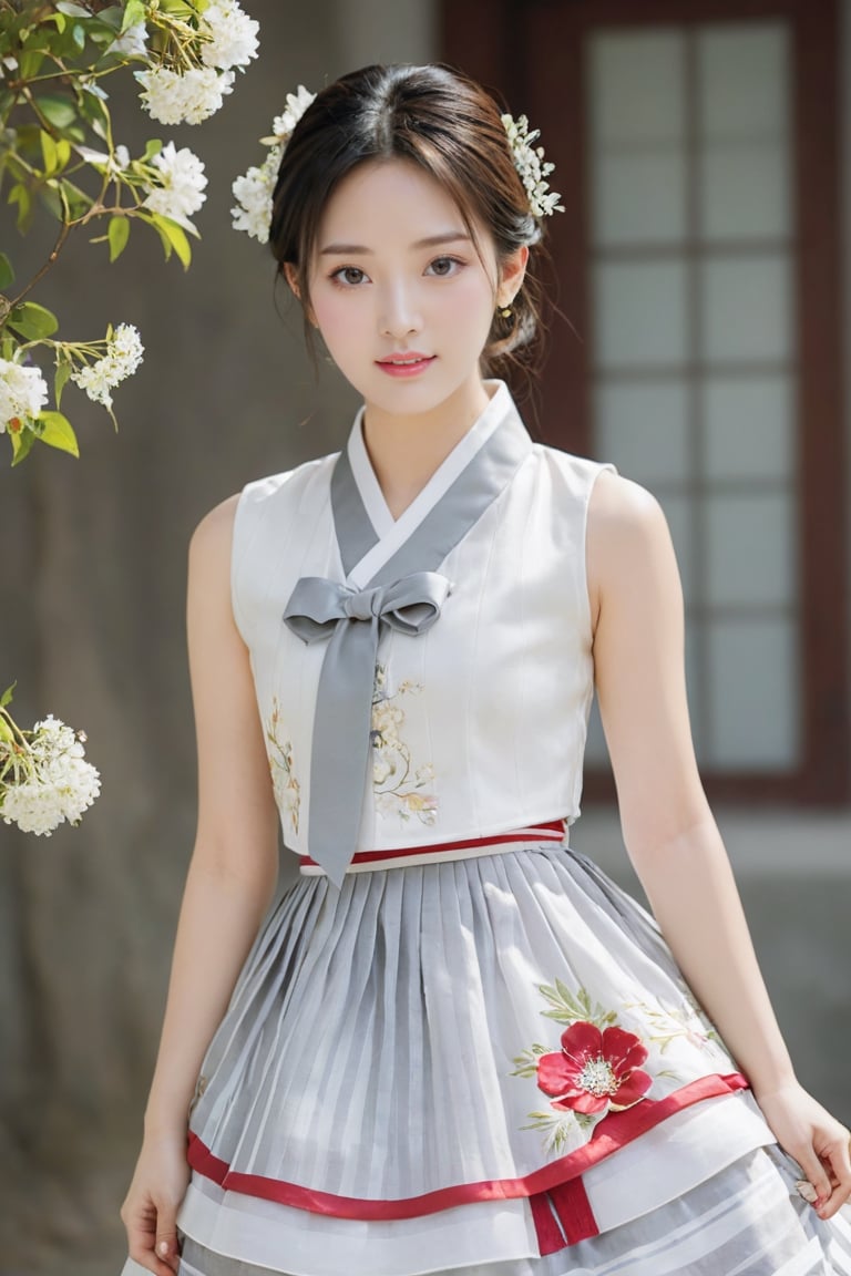 (1 23yo Korean star with royal sister style), ((best quality, 8k, masterpiece: 1.3)), focus: 1.2, perfect body beauty: 1.4, (smile: 1.2), (old palace in korea: 1.5), highly detailed face and skin texture, delicate eyes, double eyelids, whitened skin, (air bangs: 1.3), (round face: 1.5), hanbok (top light gray flower and white gold floral pattern sleeveless silk jeogori, ((intense white and light gray stripes silk very short skirt: 1.2)), The goreum of the jeogori is light red:1.6), Lucky bag and norigae on the waist, Korea hanbok style, Top and bottom completely separated, random model pose, Head size in proportion to the body, Young beauty spirit, inkGirl, Hanbok, clear border, Clothing made of very thin silk, full body shot, FilmGirl, xxmix_girl, kwon-nara, cutegirlmix,cutegirlmix,kwon-nara, Asian Girl, Asian Woman