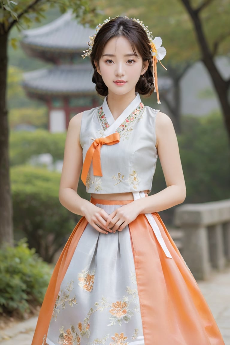 (1 23yo Korean star with royal sister style), ((best quality, 8k, masterpiece: 1.3)), focus: 1.2, perfect body beauty: 1.4, (smile: 1.2), (old palace in korea: 1.5), highly detailed face and skin texture, delicate eyes, double eyelids, whitened skin, (air bangs: 1.3), (round face: 1.5), hanbok (top light gray flower and gold floral pattern sleeveless silk jeogori, (((intense white and light orange stripes silk very short skirt: 1.2))), The goreum of the jeogori is light gray:1.6), Lucky bag and norigae on the waist, Korea hanbok style, Top and bottom completely separated, random model pose, Head size in proportion to the body, Young beauty spirit, inkGirl, Hanbok, clear border, Clothing made of very thin silk, full body shot, FilmGirl, xxmix_girl, kwon-nara, cutegirlmix,cutegirlmix,kwon-nara, Asian Girl, Asian Woman