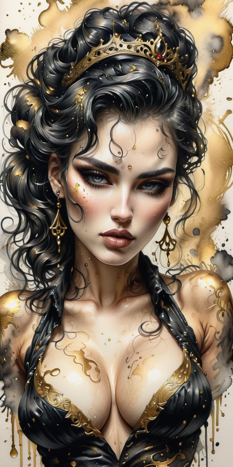 An intricate pencil drawing, whole figure of a beautiful rockabilly woman, darkness, gold and black, beautiful face, full of details, beautiful body, sharp focus,, large breasts, ,faize, .SLB., 