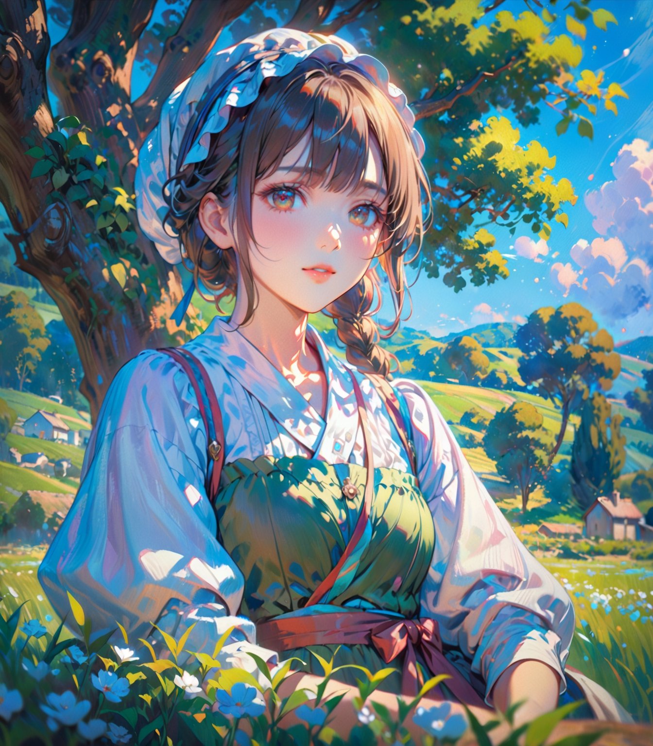 A shepherdess depicted in the Impressionist style, amidst soft, dappled light and flowing fields. (masterpiece, top quality, best quality, official art, beautiful and aesthetic:1.2), (1girl),  portrait, extreme detailed, highest detailed, 16k, high resolution, dynamic composition, (bokeh, sharp focus:1.2), low angle, high color contrast, depth of field, 