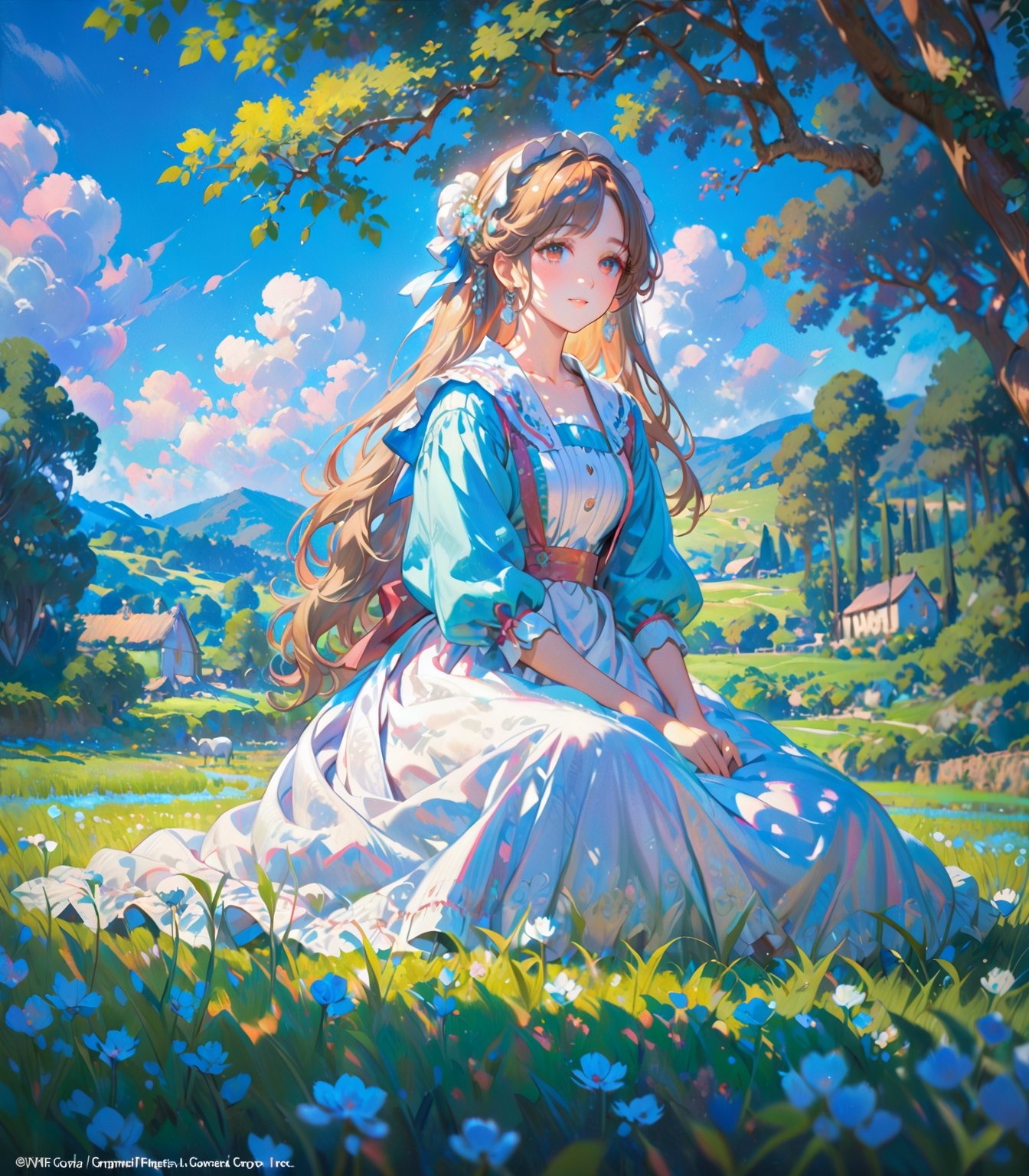 A shepherdess depicted in the Impressionist style, amidst soft, dappled light and flowing fields. (masterpiece, top quality, best quality, official art, beautiful and aesthetic:1.2), (1girl),  portrait, extreme detailed, highest detailed, 16k, high resolution, dynamic composition, (bokeh, sharp focus:1.2), low angle, high color contrast, depth of field, 