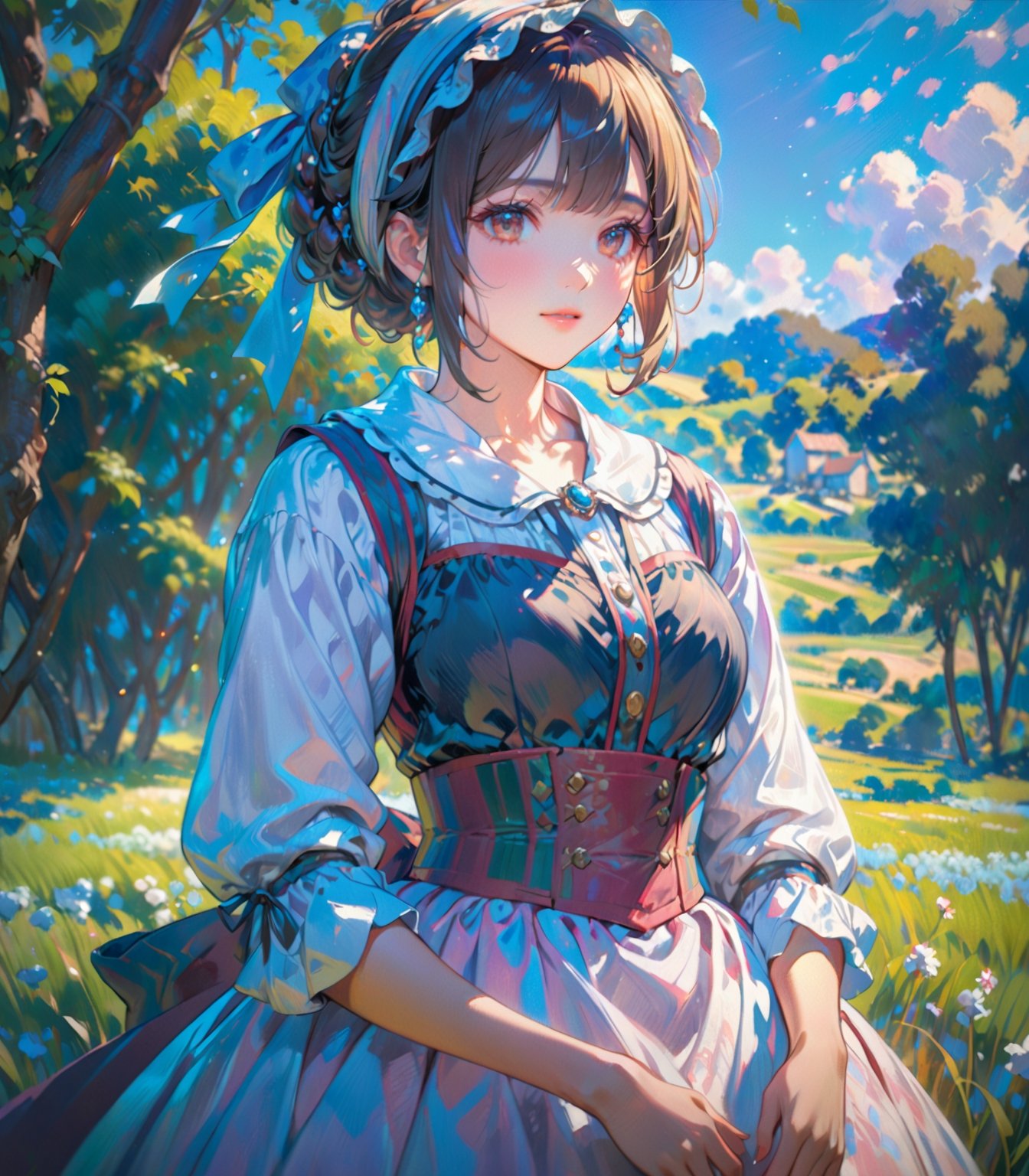 A shepherdess depicted in the Impressionist style, amidst soft, dappled light and flowing fields. (masterpiece, top quality, best quality, official art, beautiful and aesthetic:1.2), (1girl), waist up portrait, extreme detailed, highest detailed, 16k, high resolution, dynamic composition, (bokeh, sharp focus:1.2), low angle, high color contrast, depth of field, 