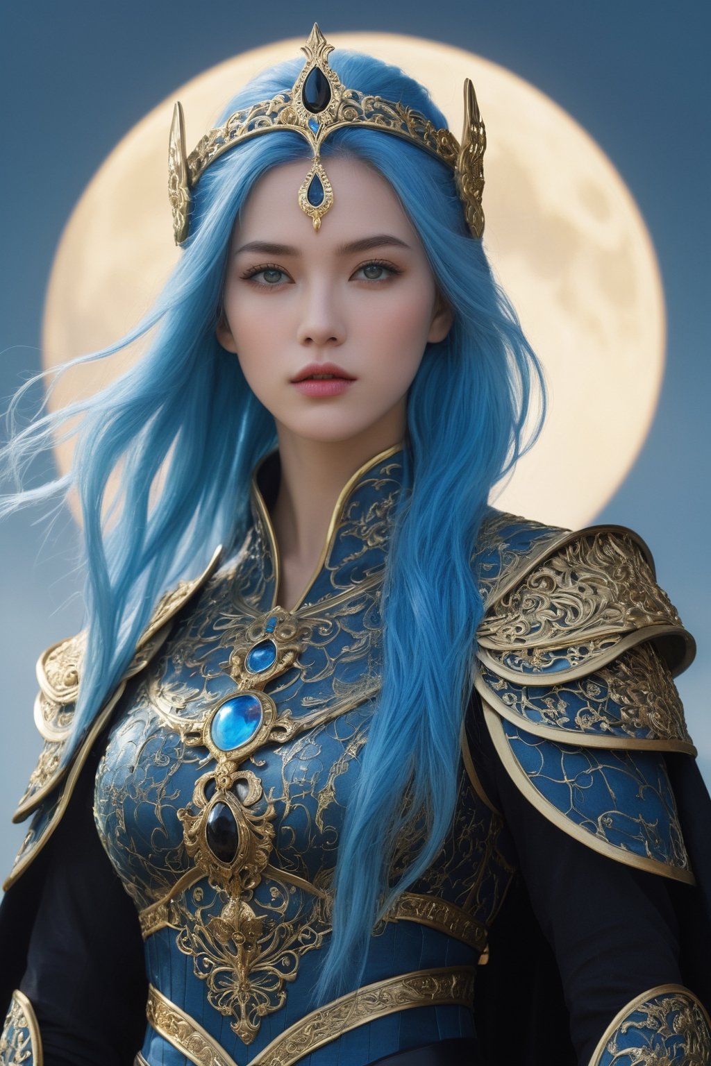 (ultra realistic,best quality),photorealistic,Extremely Realistic,in depth,cinematic light,hubggirl,from below,sky blue hair,sky blue eye,hair ornament,cute,dark king,sky blue cape,The armor was inlaid with gold filigree and onyx,and ice-carved with glowing blue runes,fantasy art,blue flame,full moon,samurai sword,ultra-realistic detail,Ultra detailed,The composition imitates a cinematic movie,The intricate details,sharp focus,
