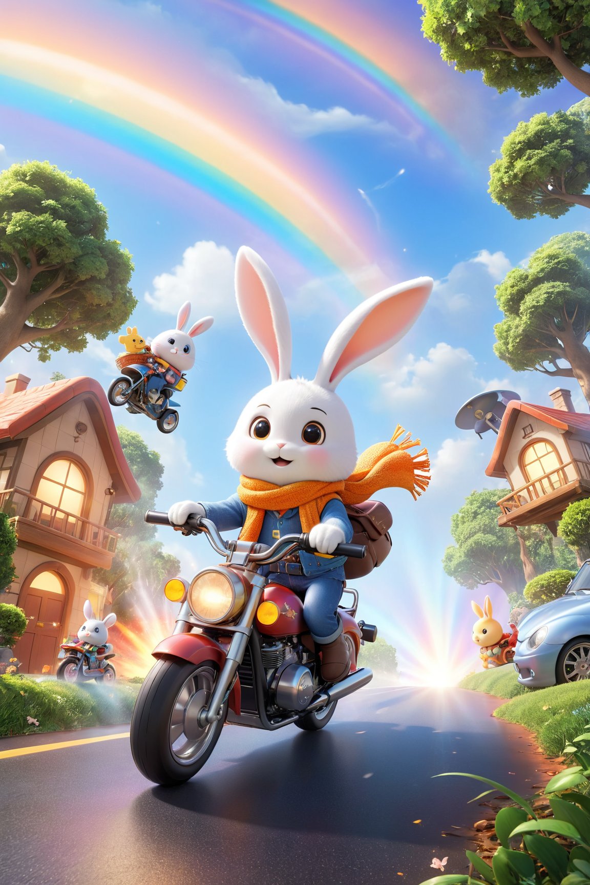  professional 3d model,anime artwork pixar,3d style,good shine,OC rendering,highly detailed,volumetric,dramatic lighting,furry,cute,(a bunny riding a motorcycle:1.1),rabbit,solo,(motor vehicle:1.2),riding,scarf,running on the rainbow,tree,extreme perspective,looking up at the camera,rainbow,fire spray,speed,humorous,beautiful colorful background,very beautiful,masterpiece,best quality,super detail,anime style,key visual,vibrant,studio anime,3D\(hubgstyle)\