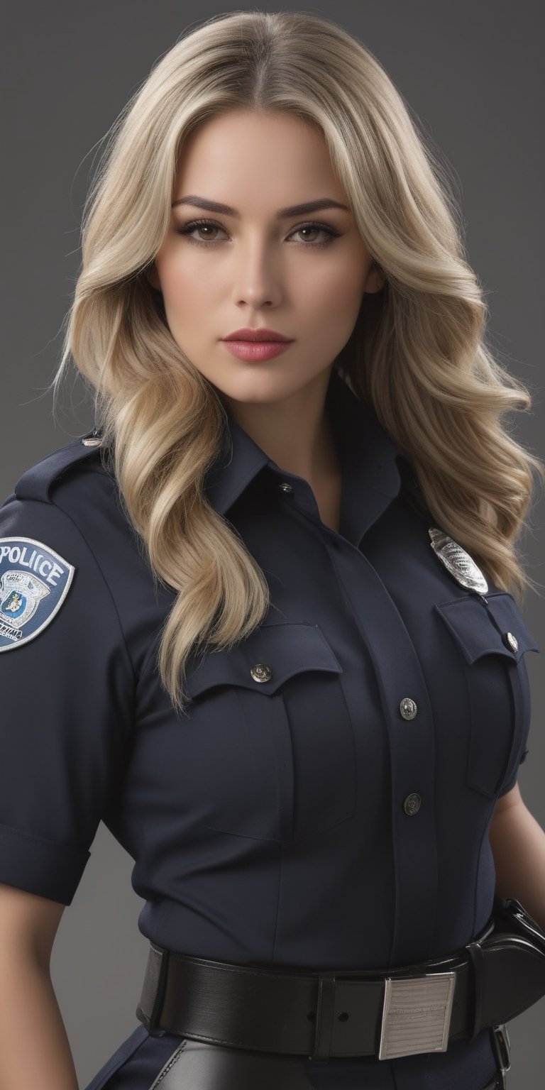 Generate hyper realistic image of a beautiful policewoman with long, flowing blonde hair, captivating brown eyes, and a confident gaze directed at the viewer. Dressed in a realistic police uniform with a prominent belt, her lips express determination and authority. The scene exudes a sense of security and professionalism, capturing the essence of a dedicated law enforcement officer.,hubggirl