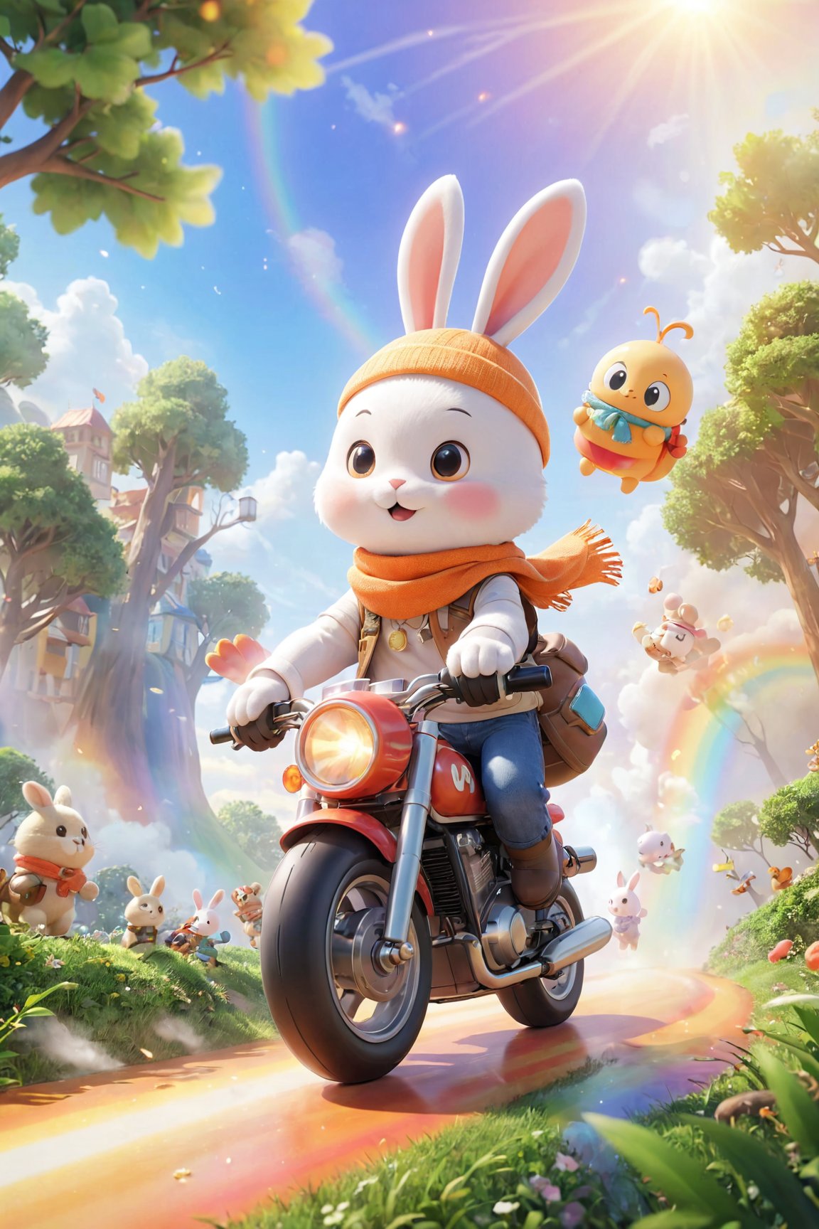  professional 3d model,anime artwork pixar,3d style,good shine,OC rendering,highly detailed,volumetric,dramatic lighting,furry,cute,(a bunny riding a motorcycle:1.1),rabbit,solo,(motor vehicle:1.2),riding,scarf,running on the rainbow,tree,extreme perspective,looking up at the camera,rainbow,fire spray,speed,humorous,beautiful colorful background,very beautiful,masterpiece,best quality,super detail,anime style,key visual,vibrant,studio anime,3D\(hubgstyle)\