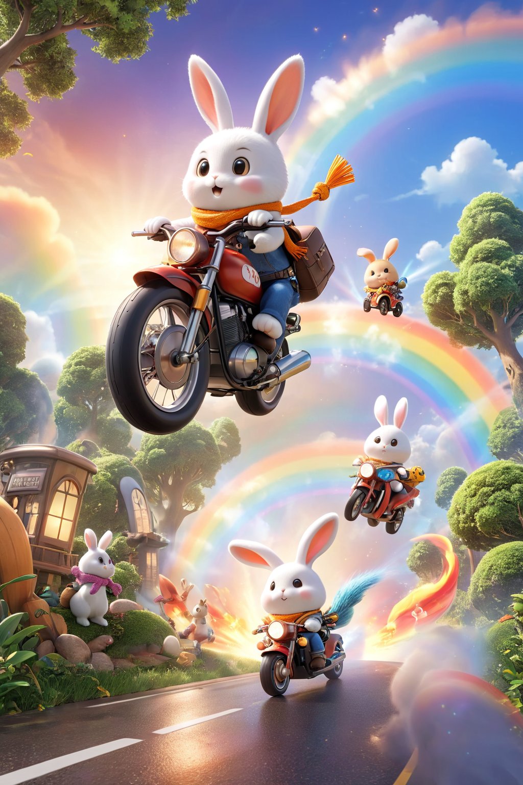  professional 3d model,anime artwork pixar,3d style,good shine,OC rendering,highly detailed,volumetric,dramatic lighting,furry,cute,(a bunny riding a motorcycle:1.1),rabbit,solo,(motor vehicle:1.2),riding,scarf,running on the rainbow,tree,extreme perspective,looking up at the camera,rainbow,fire spray,speed,humorous,beautiful colorful background,very beautiful,masterpiece,best quality,super detail,anime style,key visual,vibrant,studio anime,3D\(hubgstyle)\