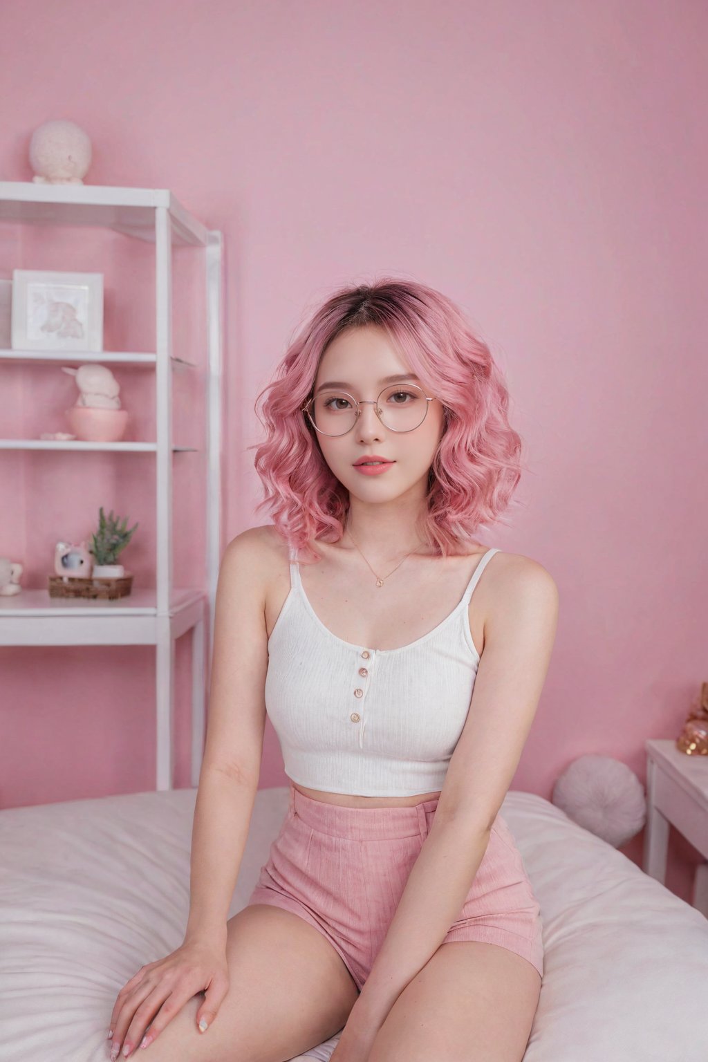 (masterpiece, cinematic, dynamic light & pose, ethereal quality, vibrant lighting, neon illuminated, colorful), More Reasonable Details, hubggirl, BREAK, A cheerful girl in a pink-themed outfit, surrounded by a pastel pink room filled with cute decorations, her pink hair styled in short curls, round glasses