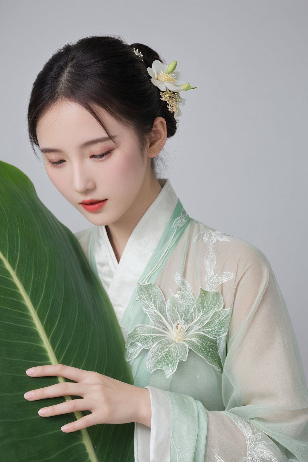 (ultra realistic,best quality),photorealistic,Extremely Realistic,in depth,cinematic light,hubggirl,

BREAK
breathtaking ancient chinese beauty, wearing hanfu, standing by one enormous lotus leave with intricate patterns, median transparent/translucent lotus leave, soft glow, in the style of albert watson, minimalism, light emerald and white, simple white background, surrealist, feminine sensibilities,

BREAK

dynamic poses, particle effects, perfect hands, perfect lighting, vibrant colors, intricate details, high detailed skin, intricate background, realistic, raw, analog, taken by Sony Alpha 7R IV, Zeiss Otus 85mm F1.4, ISO 100 Shutter Speed 1/400, Vivid picture, More Reasonable Details