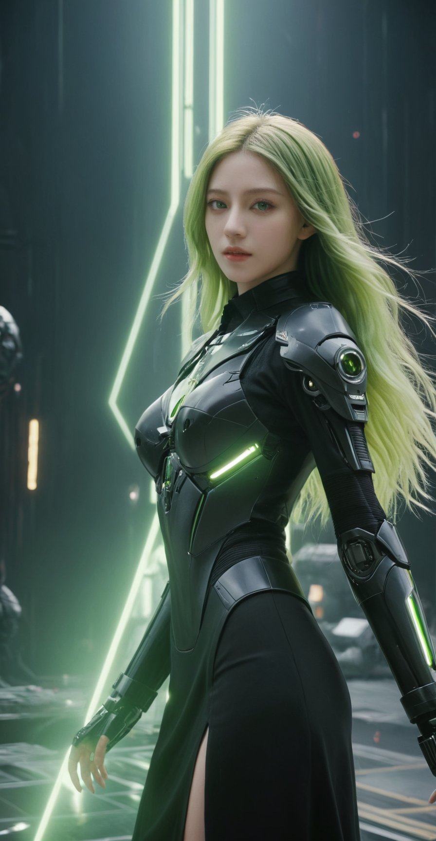 (ultra realistic,best quality),photorealistic,Extremely Realistic, in depth, cinematic light,mecha\(hubggirl)\,

Green eyes, lime green long hair. black_liquid_dress. ruins tech, spaceship. cinematic, particles, ethereal glow, atmosphere, volumetric lighting. sharp eyes,

particle effects, perfect hands, perfect lighting, vibrant colors, 
intricate details, high detailed skin, 
intricate background, realism, realistic, raw, analog, taken by Canon EOS,SIGMA Art Lens 35mm F1.4,ISO 200 Shutter Speed 2000,Vivid picture,