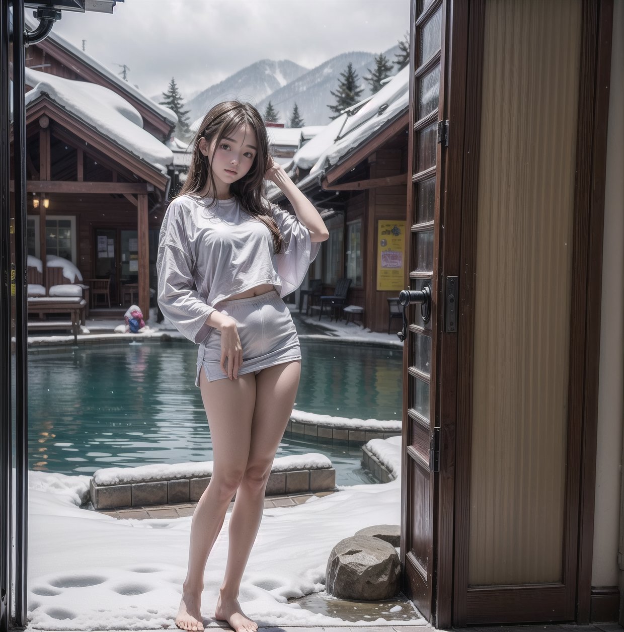 3 girl, high school girl, graduation trip, hot spring trip, hot spring inn, open-air hot spring, soaking in the open-air hot spring, fine snow, hot spring heat presents contrast, everyone has a comfortable expression,(full body:1.5)