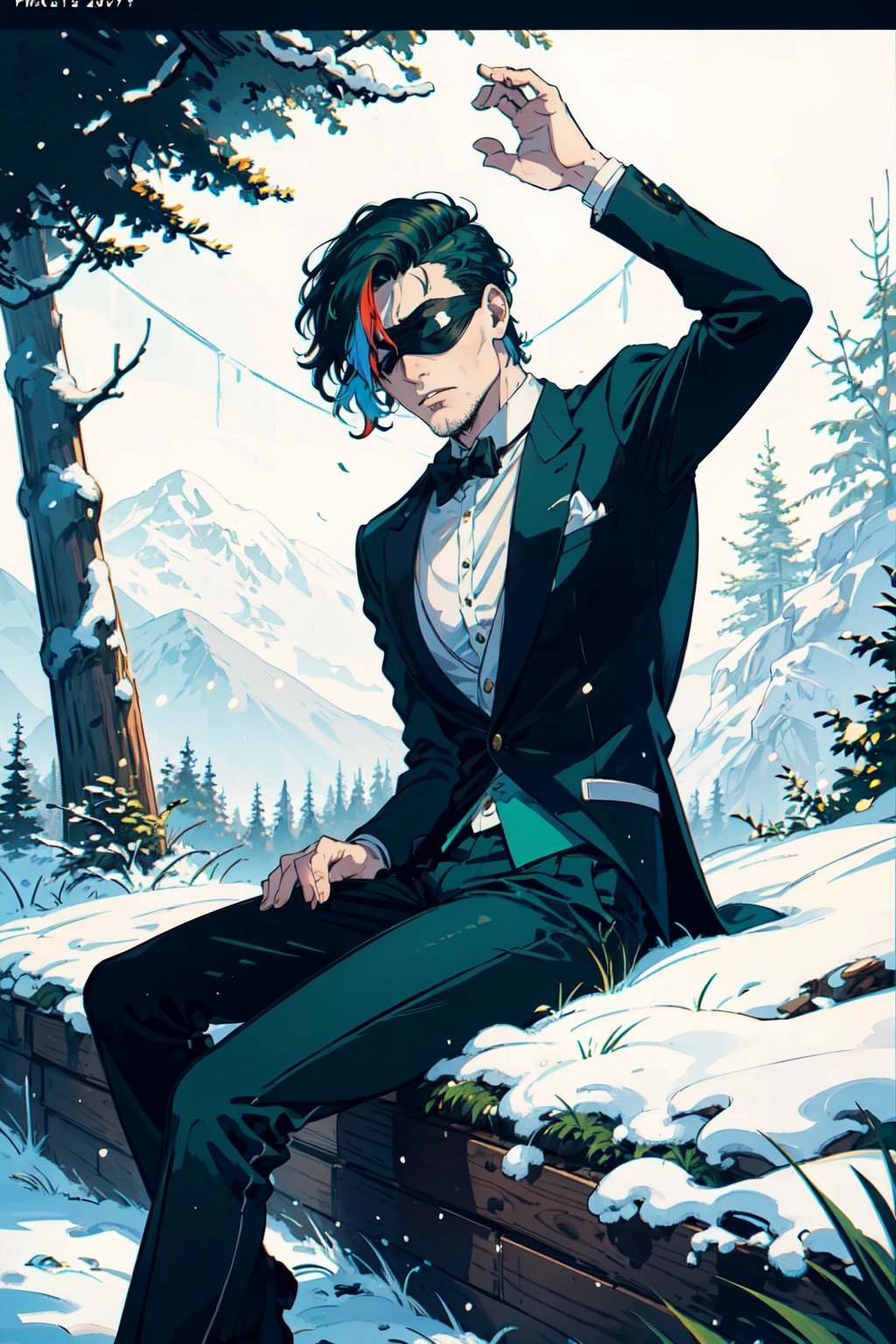 (masterpiece),1boy,vivid,a handsome maestro man, black blindfold cover all his eyes, wearing slick green tuxedo,wavy undercut hair,multicolored hair,green bangs,black anklepants,. 20 years old, thin beard, black silver wand,aurora,snow mountain, forest,solo,white background,evil face,prince vibe
