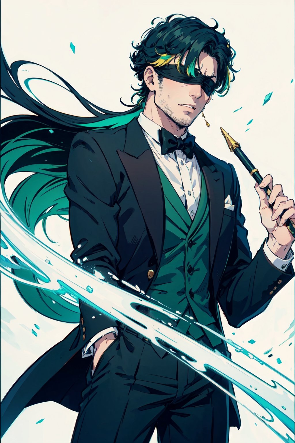 (masterpiece),1boy,vivid,a handsome maestro man, black blindfold cover all his eyes, wearing slick green tuxedo,wavy undercut hair,multicolored hair,green bangs,black anklepants,. 20 years old, thin beard, black silver wand,aurora,snow mountain, forest,solo,white background,evil face,prince vibe