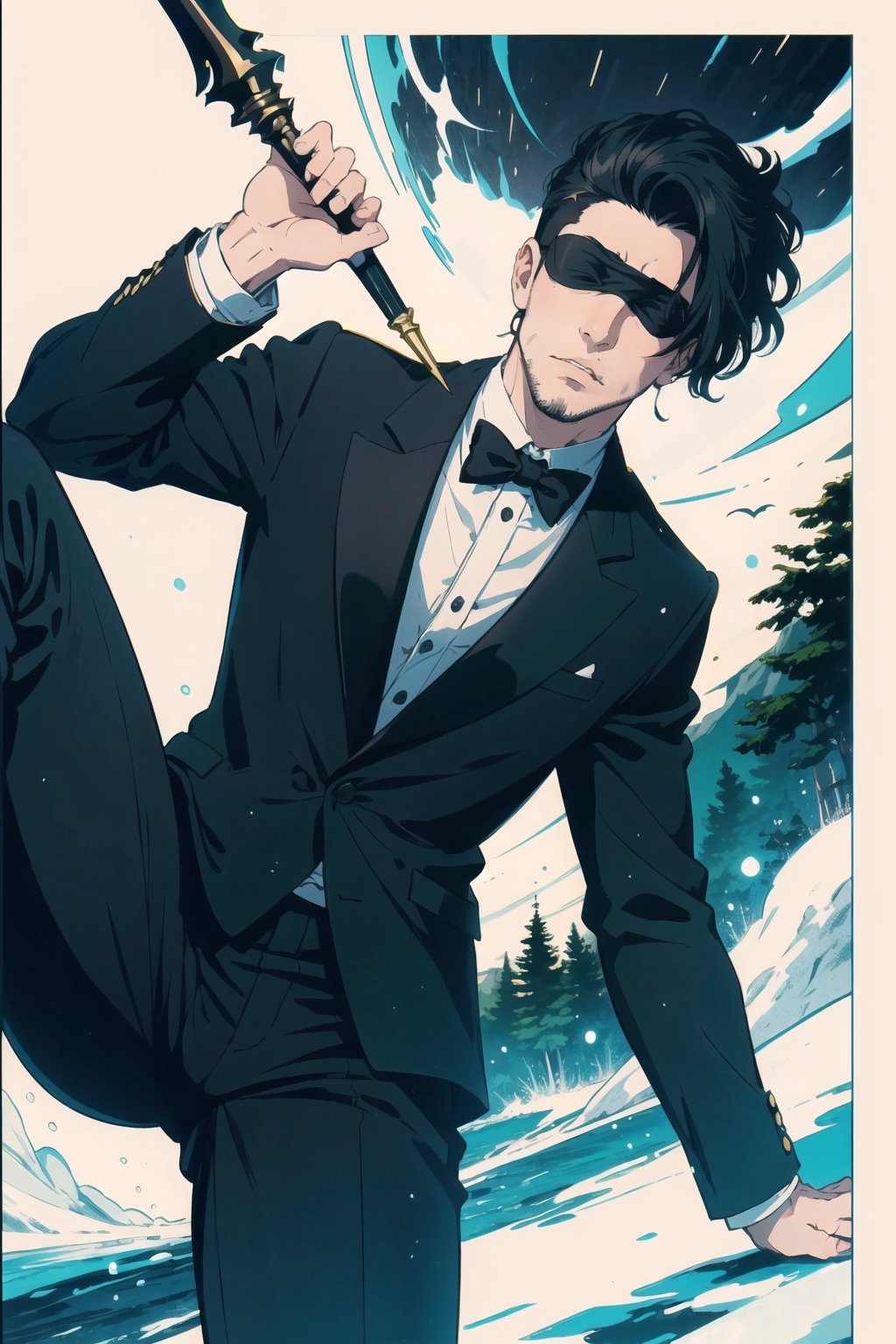 (masterpiece),1boy,vivid,a handsome maestro man, black blindfold cover all his eyes, wearing slick green tuxedo,wavy undercut hair,multicolored hair,green bangs,black anklepants,. 20 years old, thin beard, black silver wand,aurora,snow mountain, forest,solo,white background,evil face,prince vibe