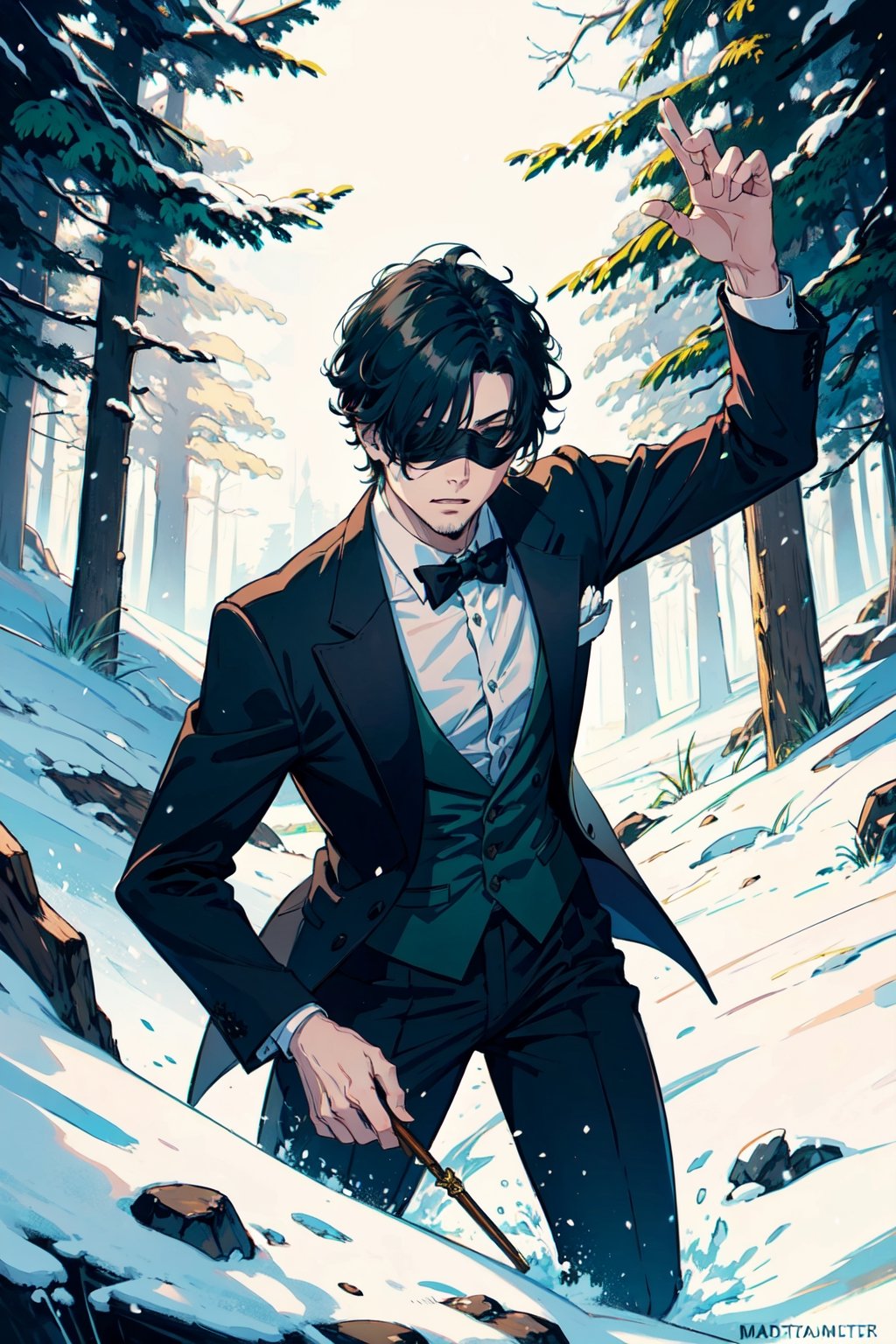 (masterpiece),1boy,vivid,a handsome maestro man, black blindfold cover all his eyes, wearing slick green tuxedo,wavy undercut hair,multicolored hair,green bangs,black anklepants,. 20 years old, thin beard, black silver wand,aurora,snow mountain, forest,solo,white background,evil face,prince vibe,midjourney