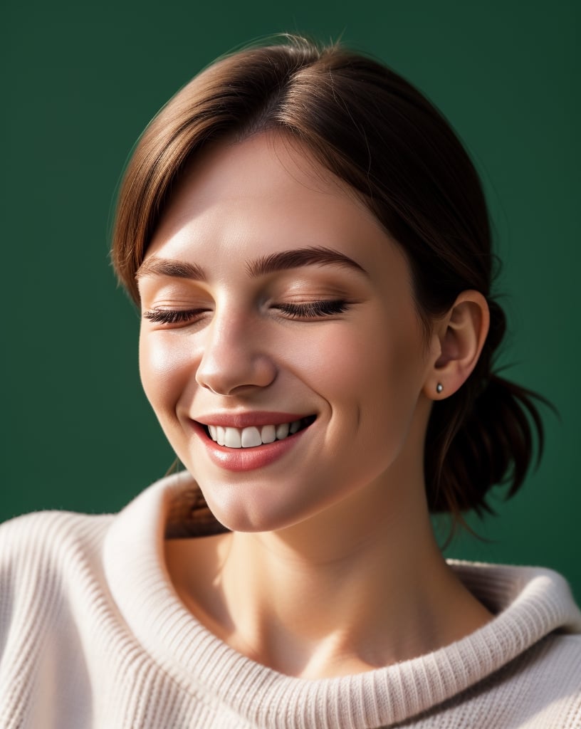 A smiling young caucasian woman wearing a white sweater, eyes closed, and a big smile
green background,
studio portrait, low-angle_shot, minimalist, distance shot, full-body shot

4k, flash photography, photorealistic, 

Sony Alpha a7 III camera with a Sony 70-200mm f/2.8 lens, photography, photorealistic, Realism, photorealistic,flash, flashlight