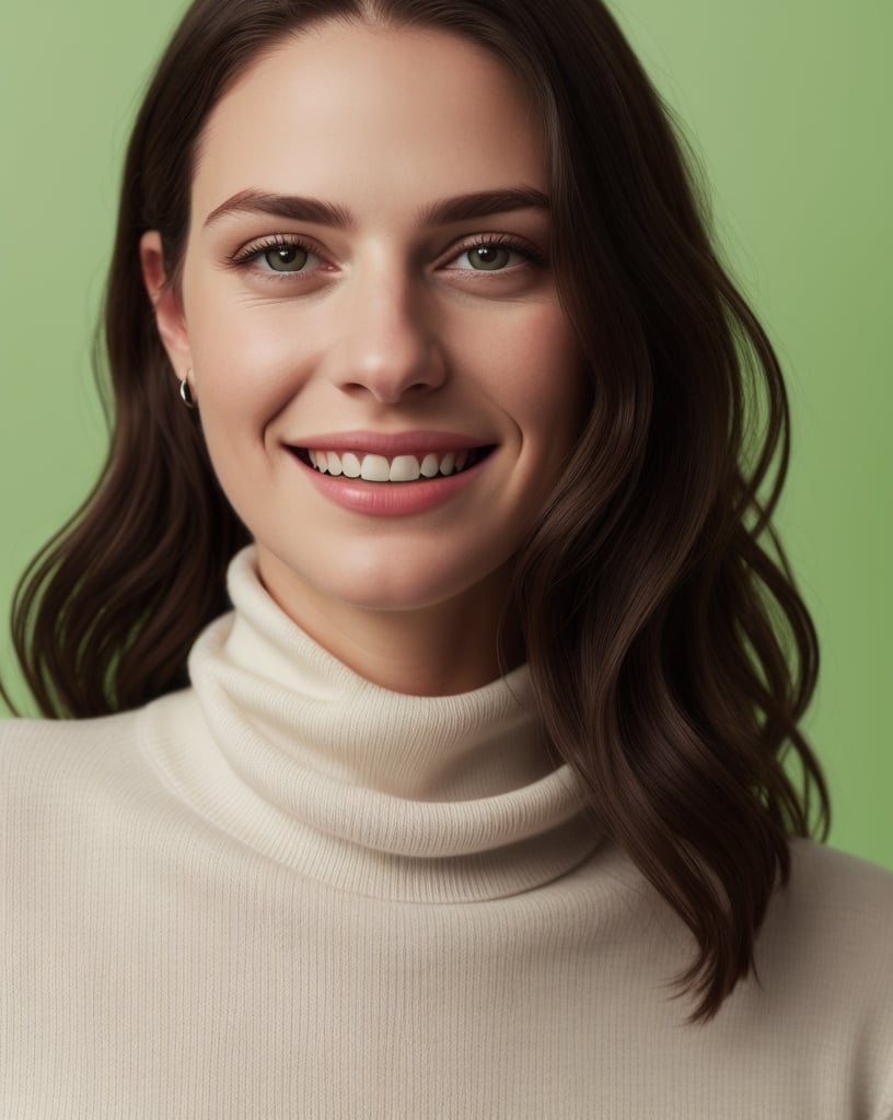 a smiling young caucasian woman wearing a white turtle neck sweater, studio portrait, close shot, minimalist, light green background, 
Sony Alpha a9, Eye level shot, studio lighting, photoshoot, photography by Annie Leibovitz, 
shot by ARRI Alexa LF camera with ARRI Signature Primes lens 12mm T1.8 ,4k, flash portrait photography, photorealistic, photorealistic, photorealistic,Realism