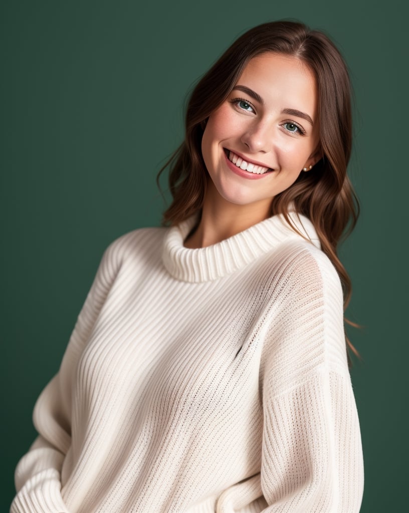 A smiling young caucasian woman wearing a white sweater, studio portrait, low-angle_shot, minimalist, emerald green background, 

4k, flash photography, photorealistic, 

Sony Alpha a7 III camera with a Sony FE 24-105mm f/4 G OSS lens, photography, photorealistic, Realism,photorealistic