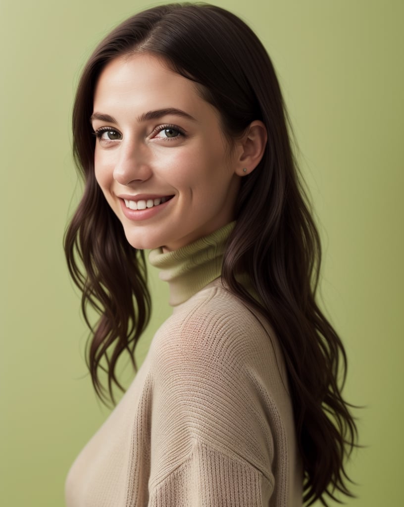 a smiling young caucasian woman wearing a black turtle neck sweater, studio portrait, close shot, minimalist, light green background, 
Sony Alpha a9, Eye level shot, studio lighting, photoshoot, photography by Annie Leibovitz, 
shot by ARRI Alexa LF camera with ARRI Signature Primes lens 12mm T1.8 ,4k, flash portrait photography, photorealistic, photorealistic, photorealistic