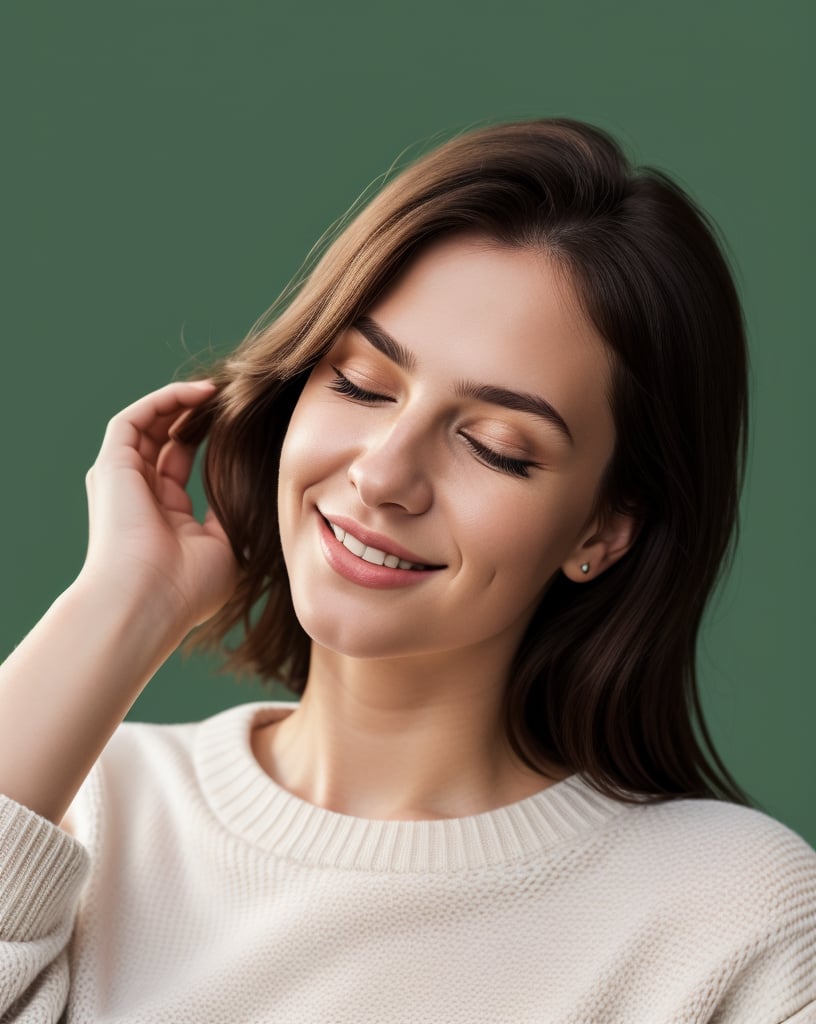 A smiling young caucasian woman wearing a white sweater, eyes closed, green background,
studio portrait, low-angle_shot, minimalist, distance shot, full-body shot

4k, flash photography, photorealistic, 

Sony Alpha a7 III camera with a Sony 70-200mm f/2.8 lens, photography, photorealistic, Realism, photorealistic,flash, flashlight
