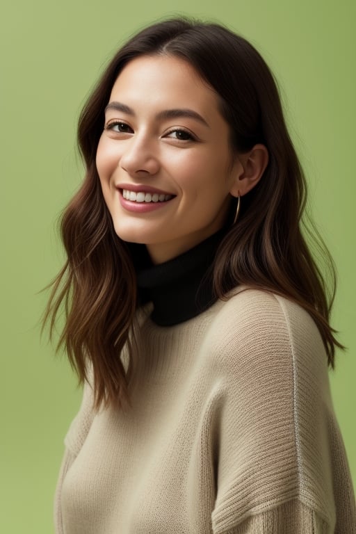 a smiling woman wearing a black turtle neck sweater, studio portrait, minimalist, light green background, 
Sony Alpha a9, Eye level shot, studio lighting, photoshoot, photography by Annie Leibovitz, 
shot by ARRI Alexa LF camera with ARRI Signature Primes lens 12mm T1.8 ,4k, flash portrait photography, photorealistic, photorealistic, photorealistic