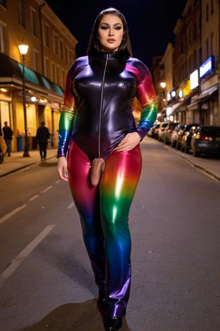 BBW Femboy wearing rainbow satin dark shiny Longest Biggest Zipper  suit  👗, Hijab rainbow, at night in the street among people ,flac-futa ,flac-futa