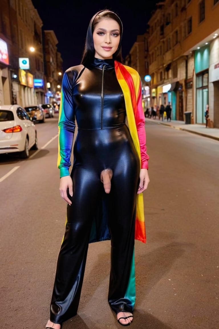 BBQ Femboy wearing rainbow satin dark shiny Longest Biggest Zipper dres suit  👗, Hijab rainbow, at night in the street among people ,flac-futa 