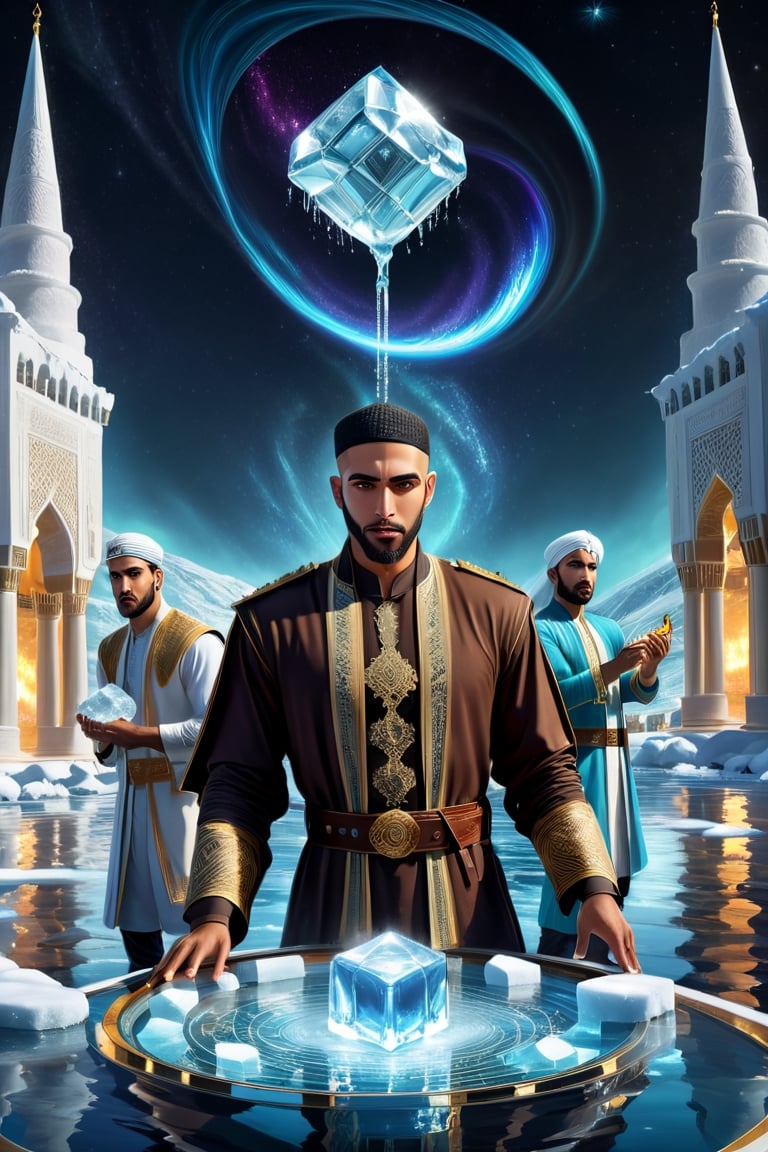 a detailed epic poster, three handsome white muslim men play a game breaking the ice blocks, detailmaster2, charismatic demeanor, in front of a pool at night, magestic sky ,DonMASKTexXL 