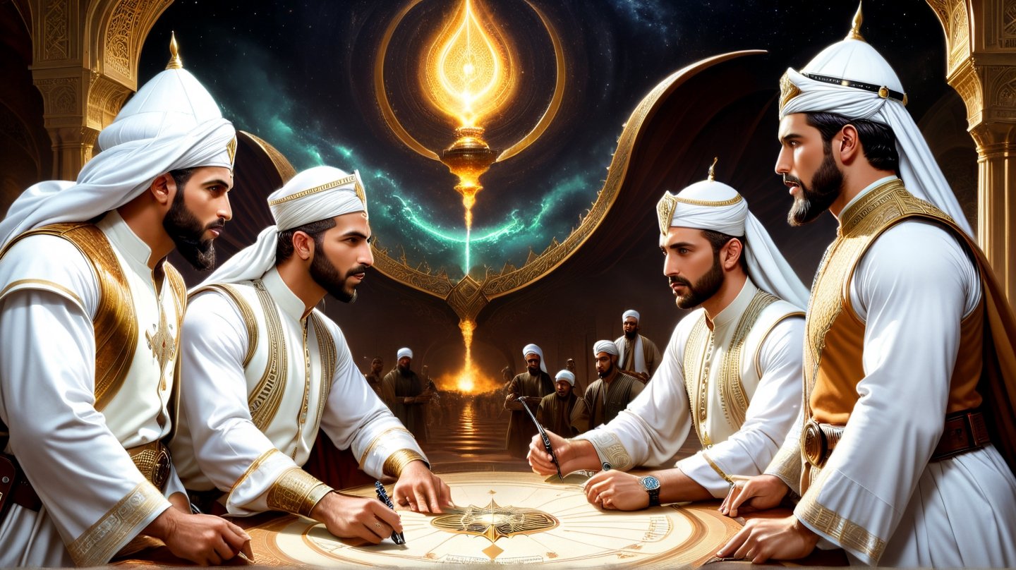 a detailed epic poster, a team of handsome white muslim men having discussion on strategy, detailmaster2, charismatic demeanor, war strategy on the wall, ,DonMASKTexXL 