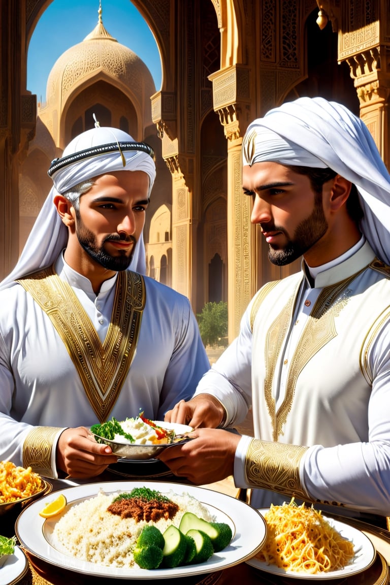 a detailed epic poster, two handsome white muslim men having lunch , detailmaster2, charismatic demeanor ,DonMASKTexXL 
