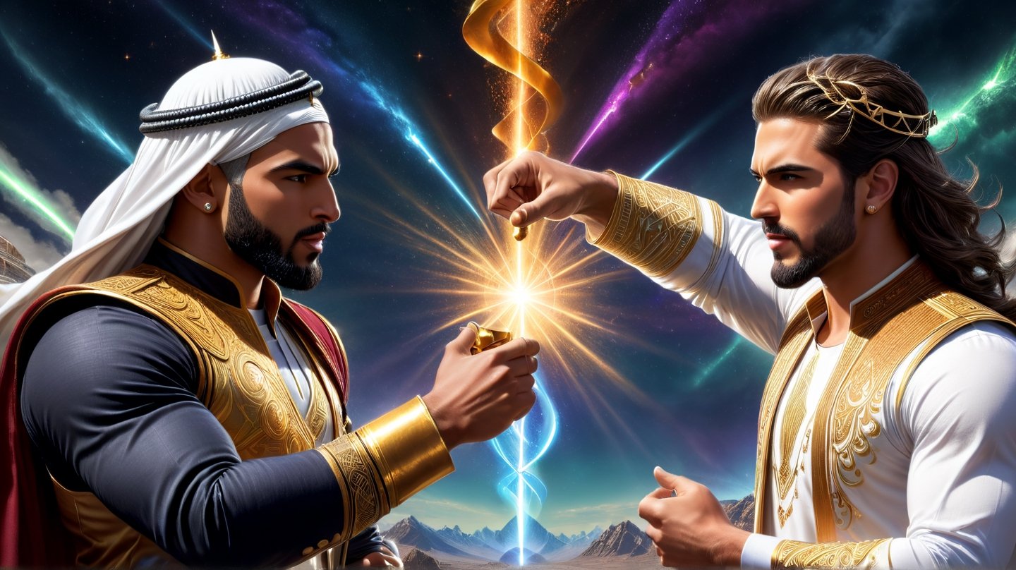 a detailed epic poster, two teams of handsome white muslim men playing rock paper scissor , detailmaster2, charismatic demeanor,  magestic sky ,DonMASKTexXL 