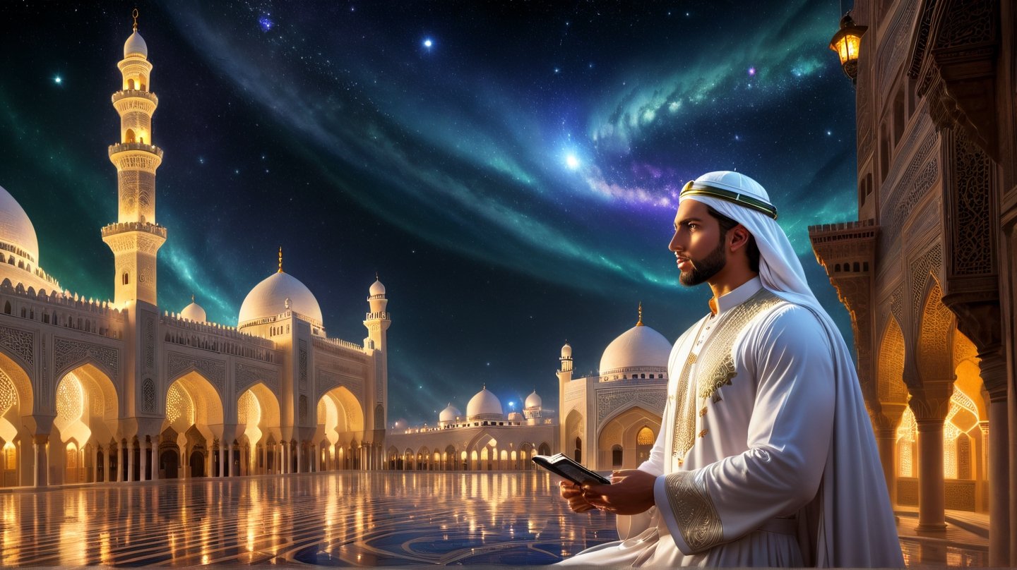 a detailed epic poster, a handsome white muslim man sharing stories with others, detailmaster2, charismatic demeanor, at night in islamic city, magestic sky ,DonMASKTexXL 