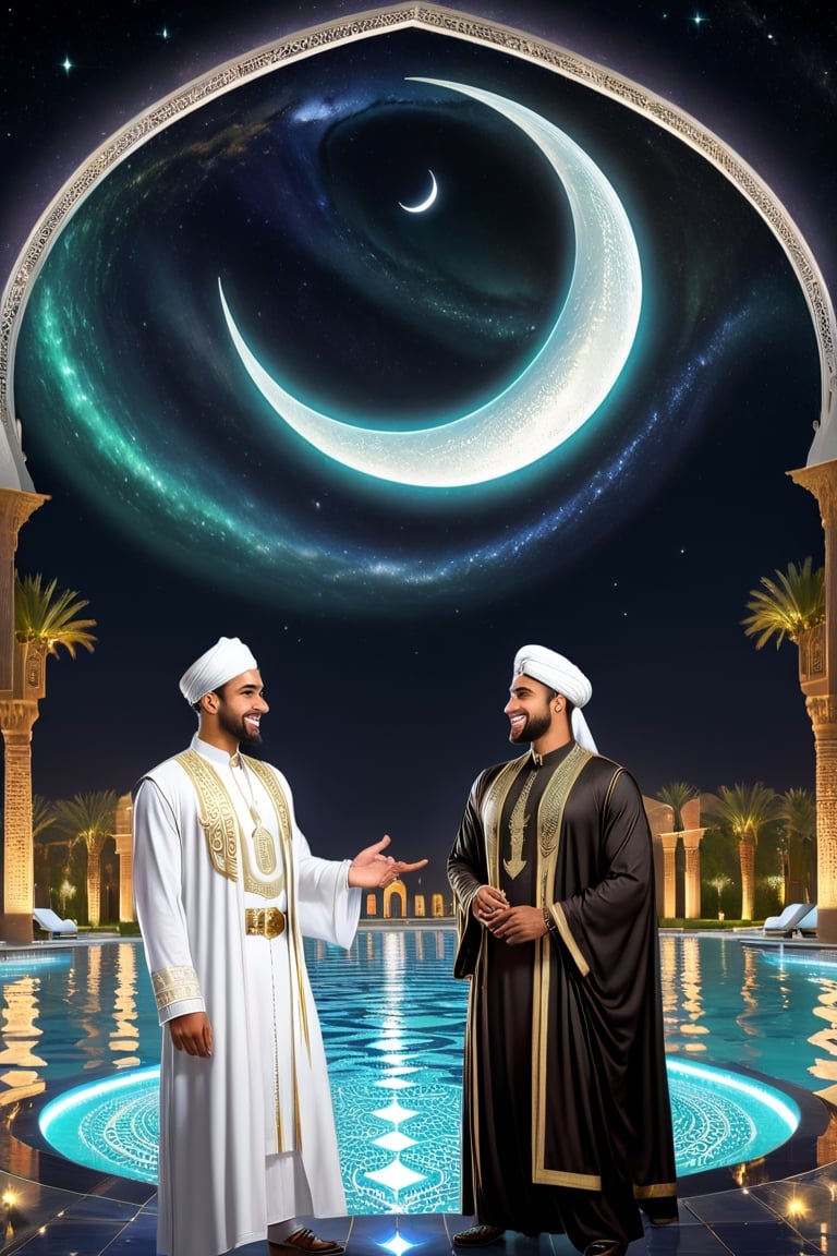 a detailed epic poster, two handsome white muslim men smiling while being composed and organized, detailmaster2, charismatic demeanor, in front of a pool at night, crescent moon magestic sky ,DonMASKTexXL 