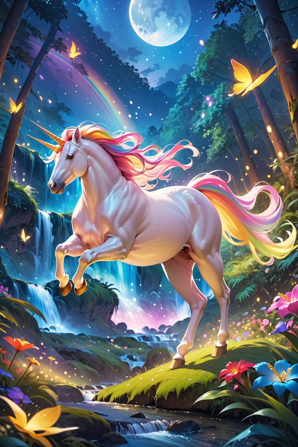 score_9, score_8_up, score_7_up, score_6_up, 
Unicorn, Rainbow Unicorn, Magic Forest, Night sky, moon, fireflies, waterfalls,
(Masterpiece, Best Quality, 8k:1.2), (Ultra-Detailed, Highres, Extremely Detailed, Absurdres, Incredibly Absurdres, Huge Filesize:1.1), (Photorealistic:1.3), By Futurevolab, Portrait, Ultra-Realistic Illustration, Digital Painting. 