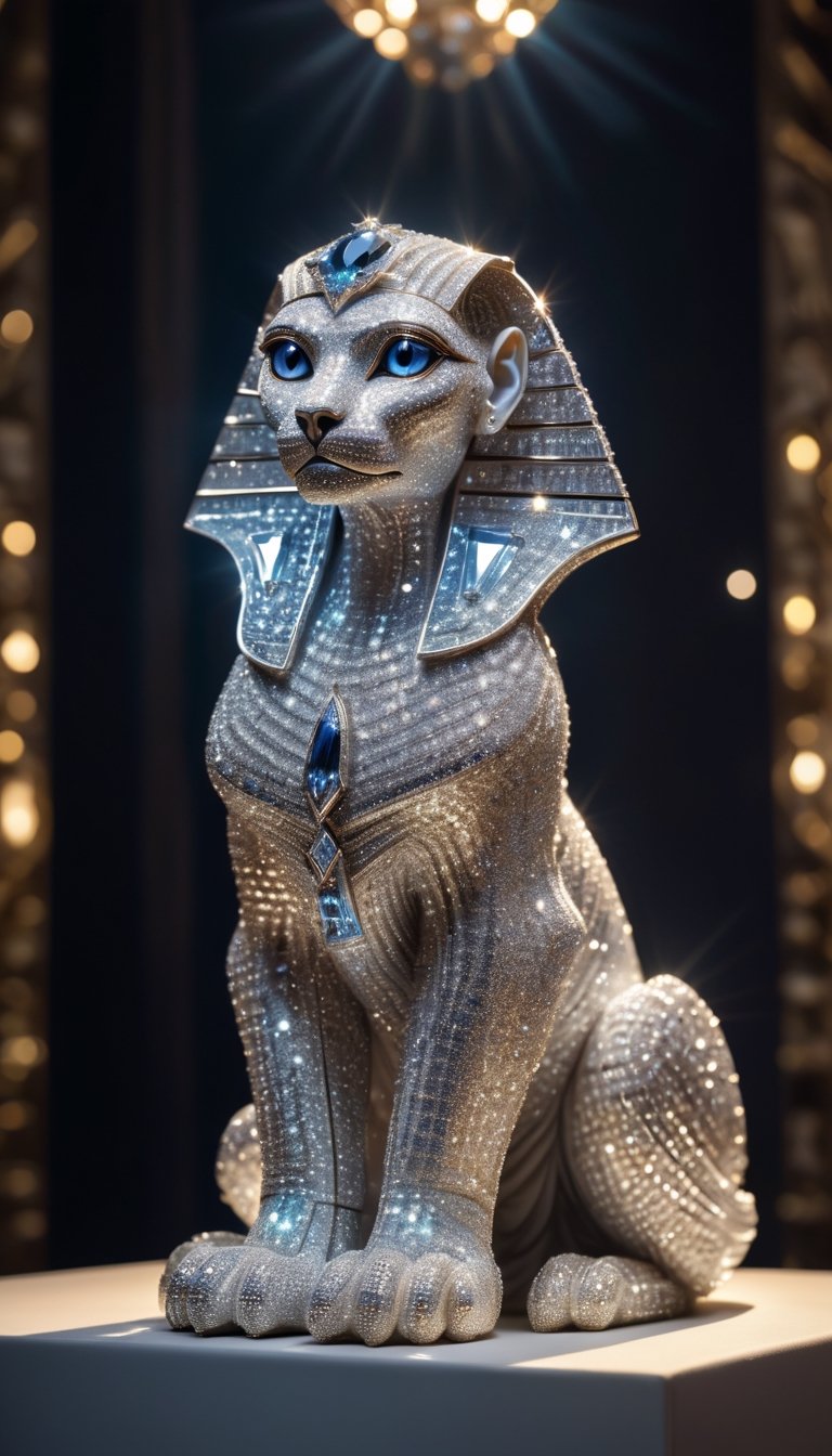 A dazzling Sphinx sculpted entirely from diamonds gleams under the radiant light. Each facet of the majestic creature's form sparkles with the brilliance of meticulously arranged diamonds, creating a mesmerizing spectacle. The precision and elegance of the diamond craftsmanship bring the Sphinx to life, casting a celestial glow and adding an opulent touch to this magnificent creation.