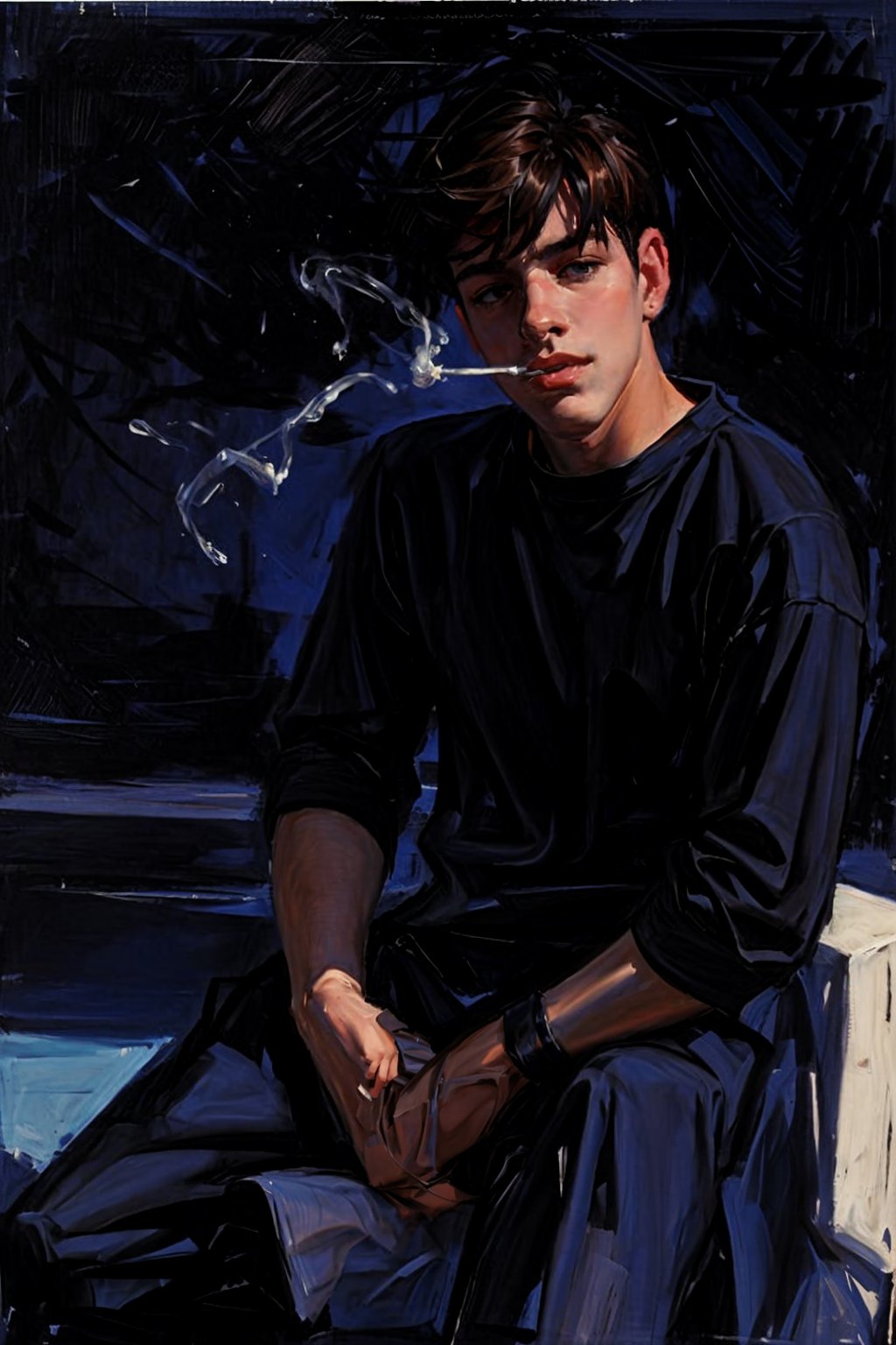 impressionist painting, impressionist,1boy, smoking, handsome, sexy, dynamic pose, modern clothes, modern setting, half body, relaxed, sitting on a couch, black shirt, dark room, informal clothes,1guy