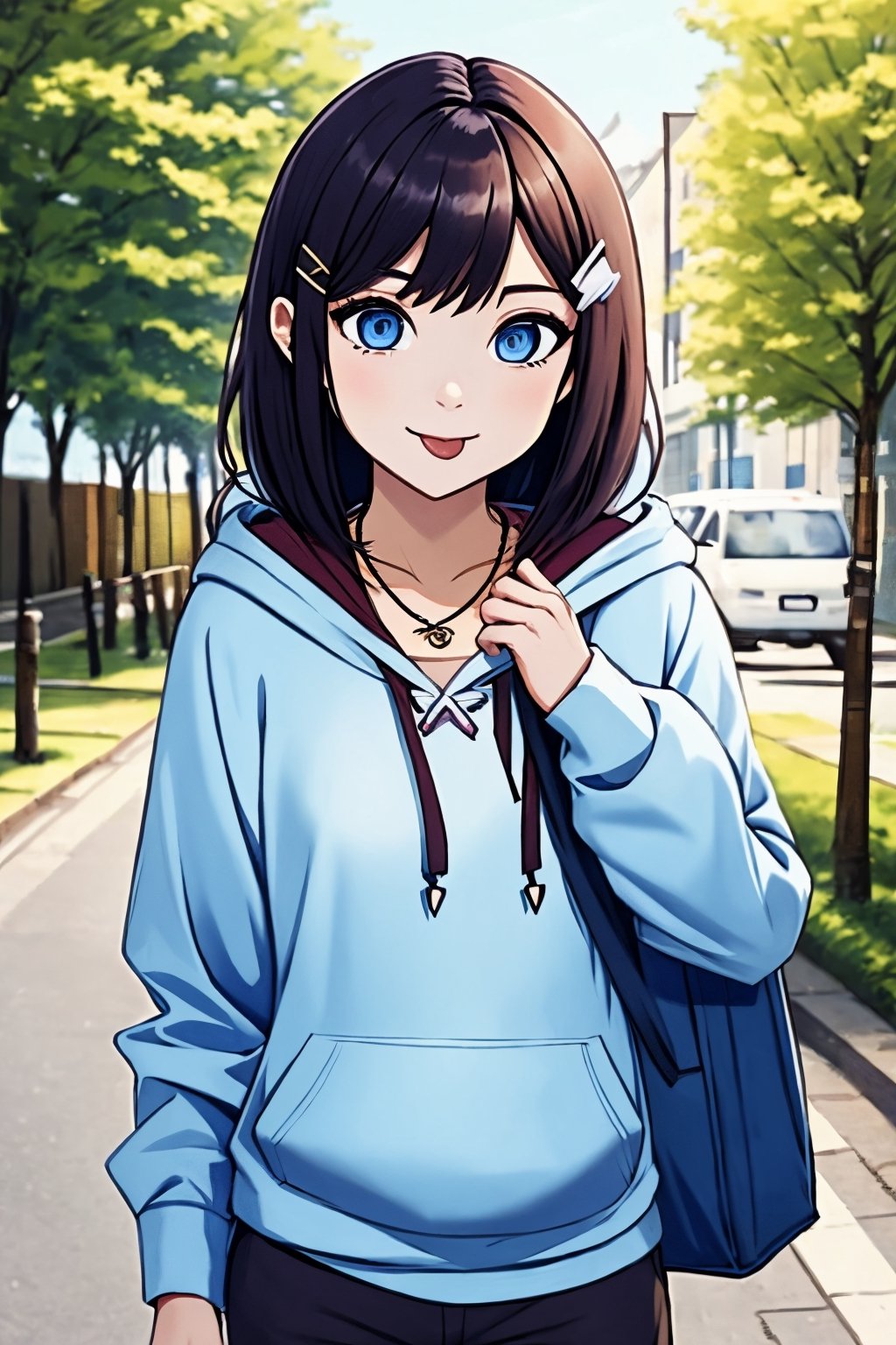 (masterpiece),(best quality), 

(closed mouth:1.1), upper body, (hand up:1.2), tongue out, akanbe,

open clothes, shorts, blue eyes, necklace, blue shirt, outdoors, hood,

hair ornament, upper body, outdoors, hairclip, bag, hoodie, hood down, hooded jacket,