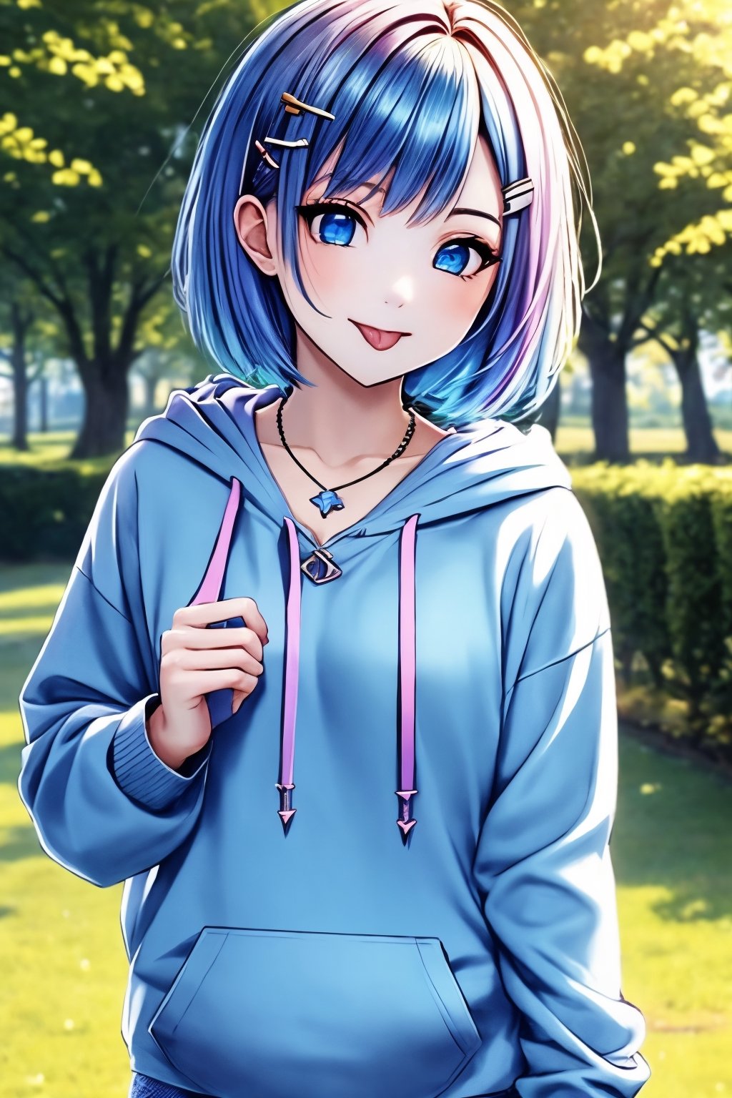 (masterpiece),(best quality), 

(closed mouth:1.1), upper body, (hand up:1.2), tongue out, akanbe,

open clothes, shorts, blue eyes, necklace, blue shirt, outdoors, hood,

hair ornament, upper body, outdoors, hairclip, hoodie, short hair, holografic