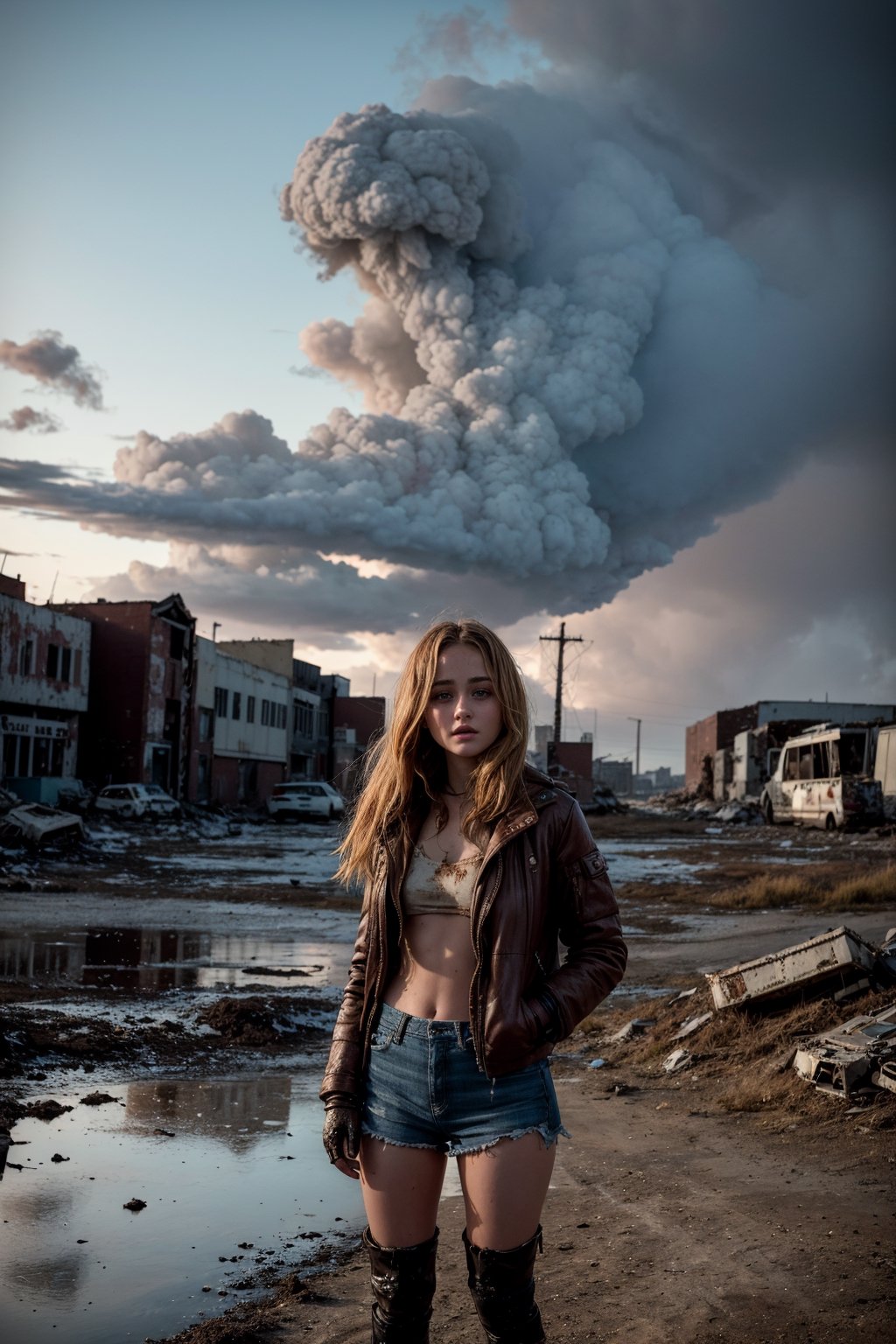 "Imagine Ella Purnell as Lucy Maclean in a post-apocalyptic world. Her attire is torn and tattered, showcasing the hardships of survival in a hostile environment. Her hair is disheveled, reflecting the constant struggle to endure in this new world. The image, created with the utmost realism and quality, captures Lucy in a moment of determination and bravery as she confronts the challenges left behind by the apocalypse. The backdrop depicts a ravaged landscape, with ruins and debris that enhance the desolate and chaotic atmosphere of this post-apocalyptic world."