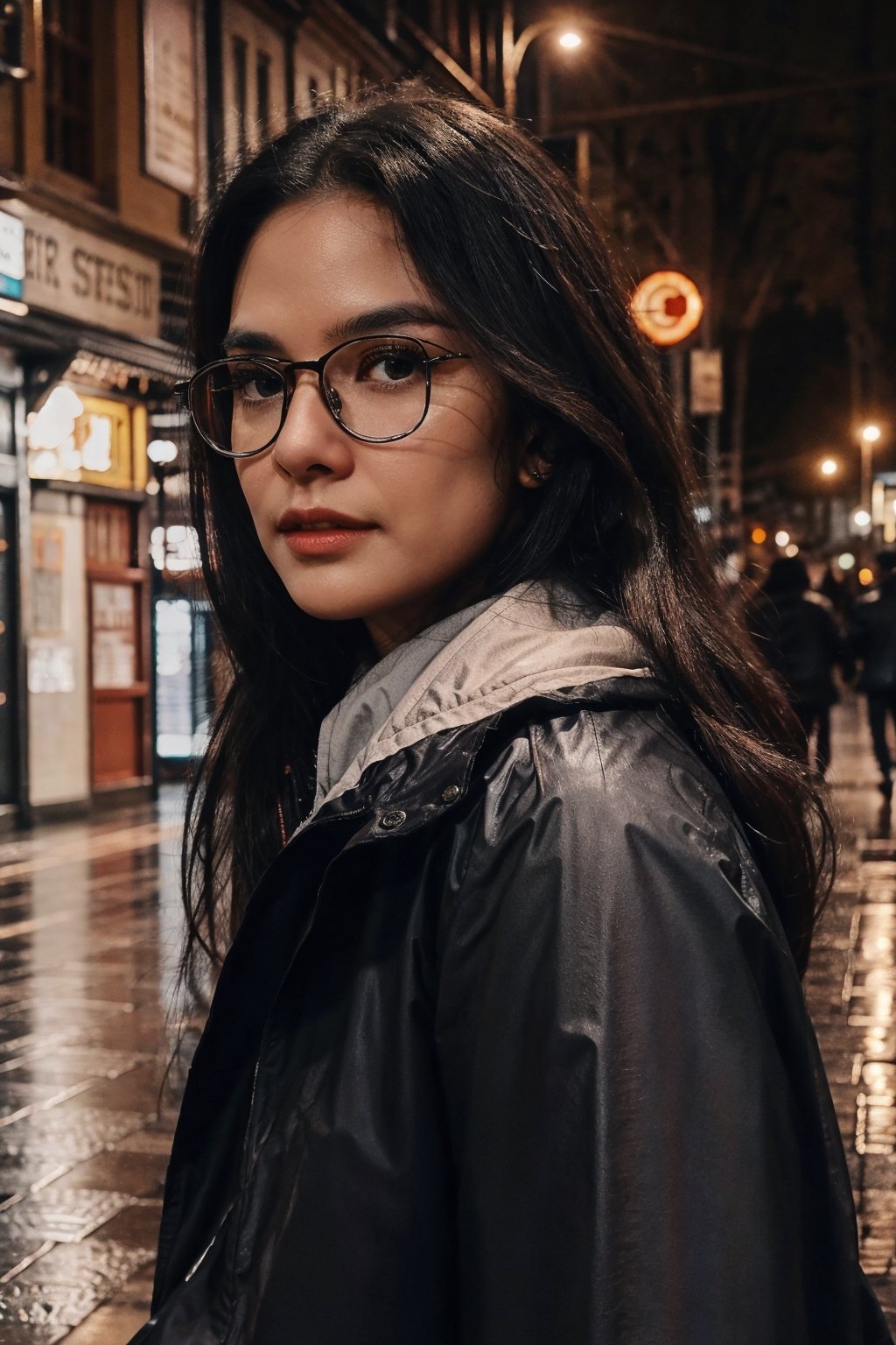 Portrait full body view, A girl with glasses, no makeup, long brunette hair, brown eyes, perfect eyes, 30 years old, detailed beautiful and mysterious face, cheek mole, wearing long dark brown classic old Raincoat, veil BREAK. Walking Carefully BREAK. In 1960s, on the street of old city at rainy night BREAK. Background blurred running peoples are avoiding rain BREAK. Minimung lighting of streets lamps BREAK long distance shot, full body shot BREAK, chalm, highly realistic, super detailed subject, perfectly, proportional, UHD, 8k Resolution, artistic, masterpiece, gloomy, RAW, depth of field BREAK